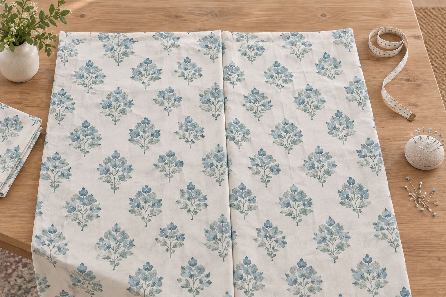 Floral fabric lengths aligned at a folded seam line before cutting