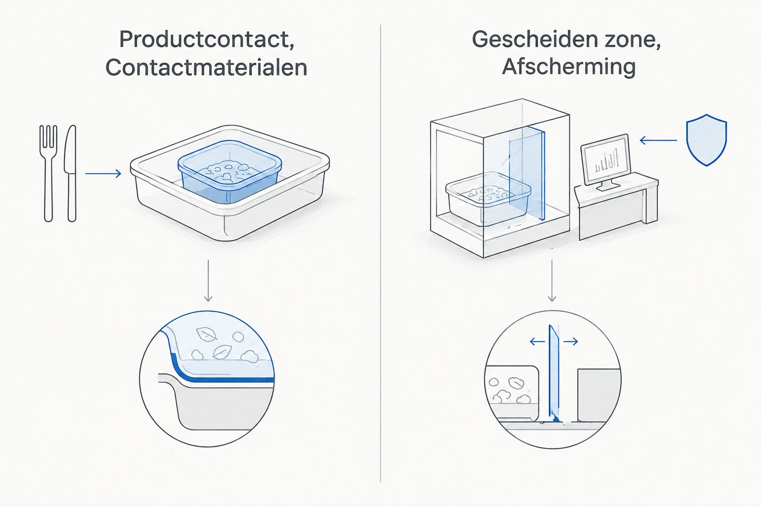 Vergelijking tussen productcontact met contactmaterialen en een gescheiden zone met afscherming
