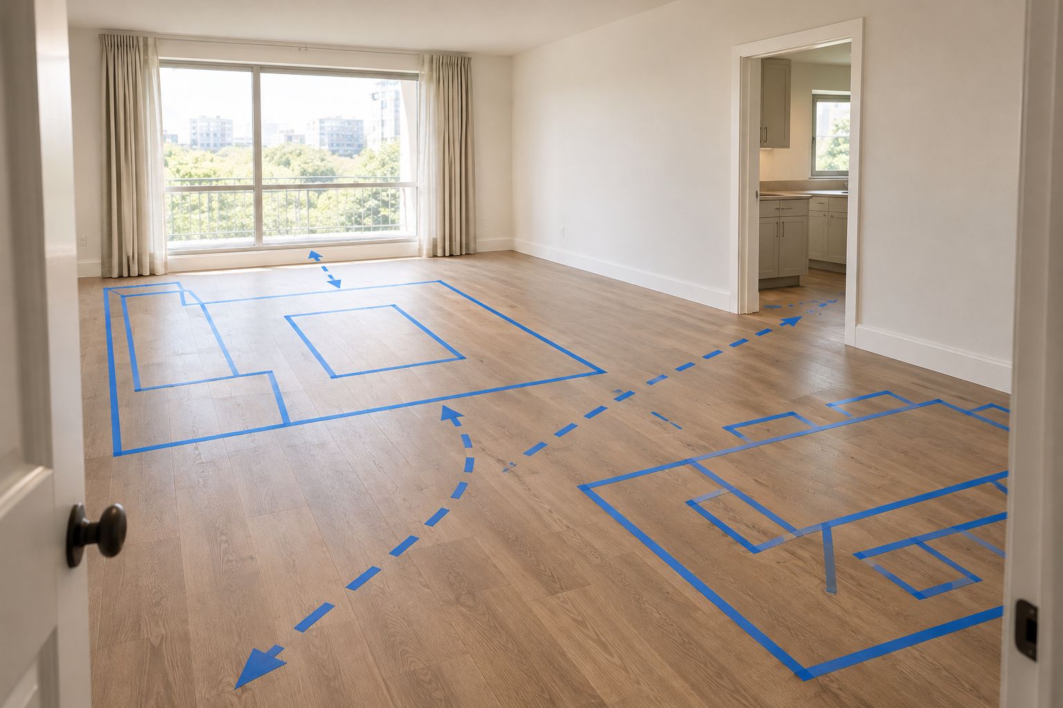 Floor tape marks furniture footprints while keeping walking routes clear in an empty living room.