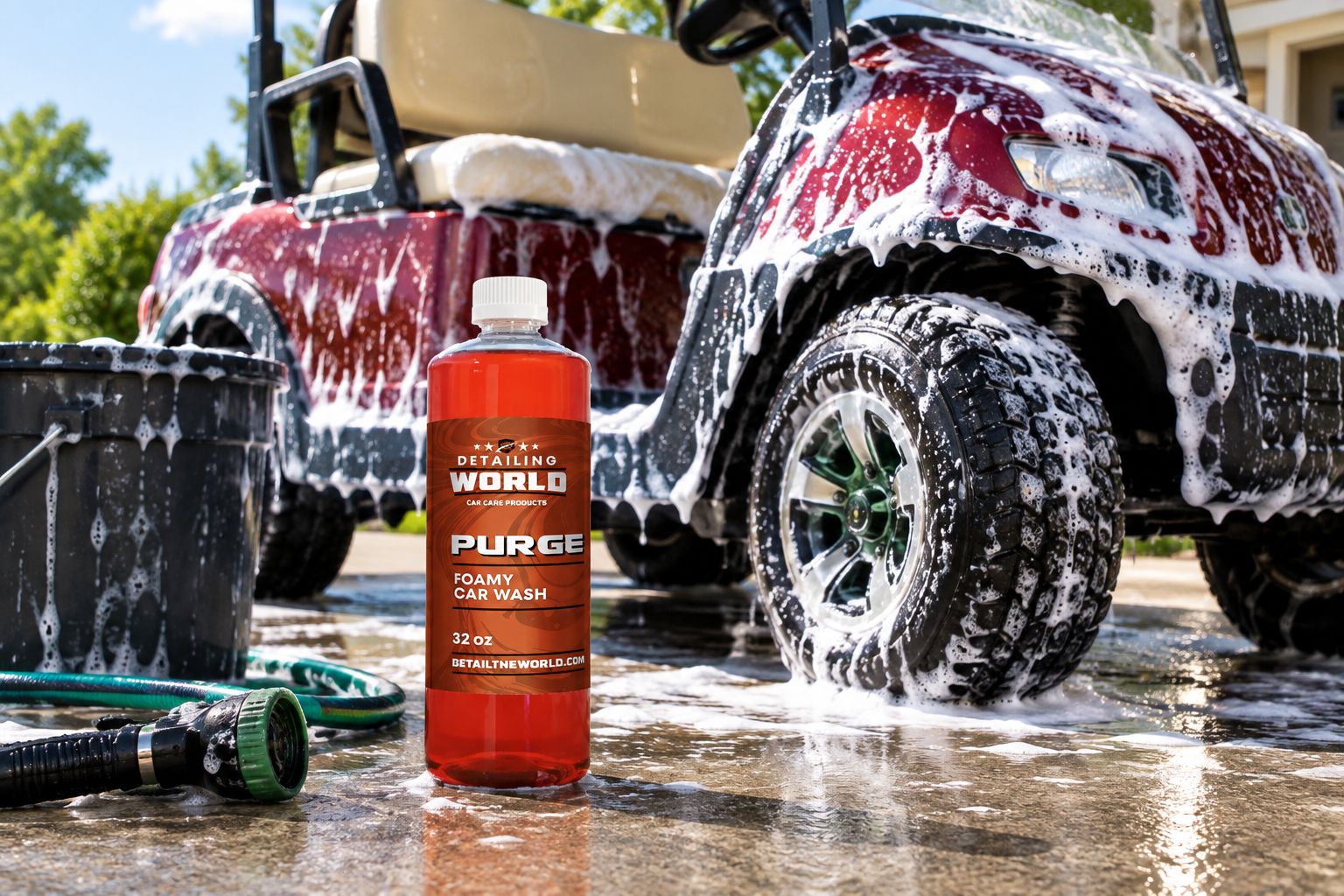 Foam soap bottle beside a golf cart covered in wash suds