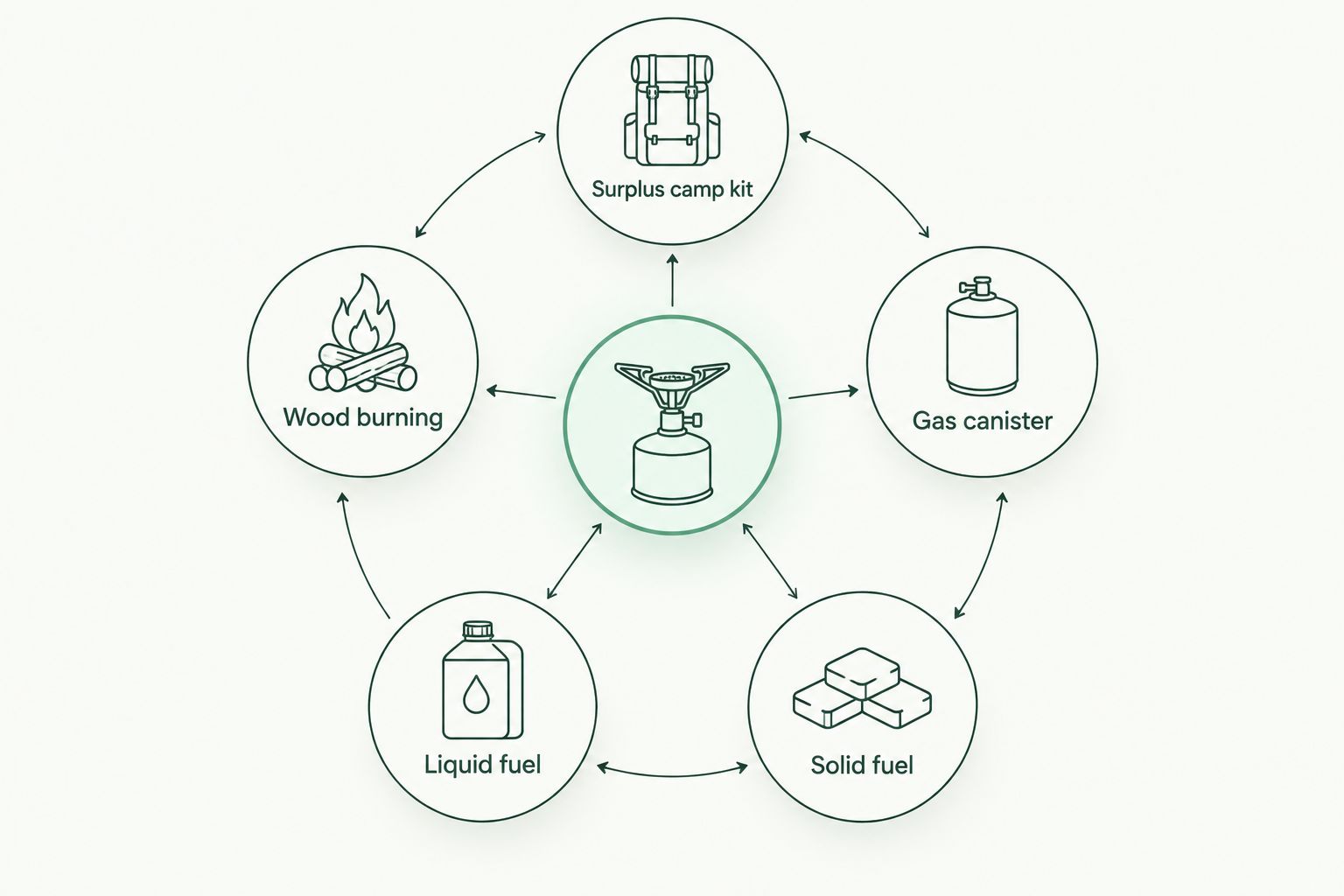 Five camping stove options arranged around a central fuel-choice hub
