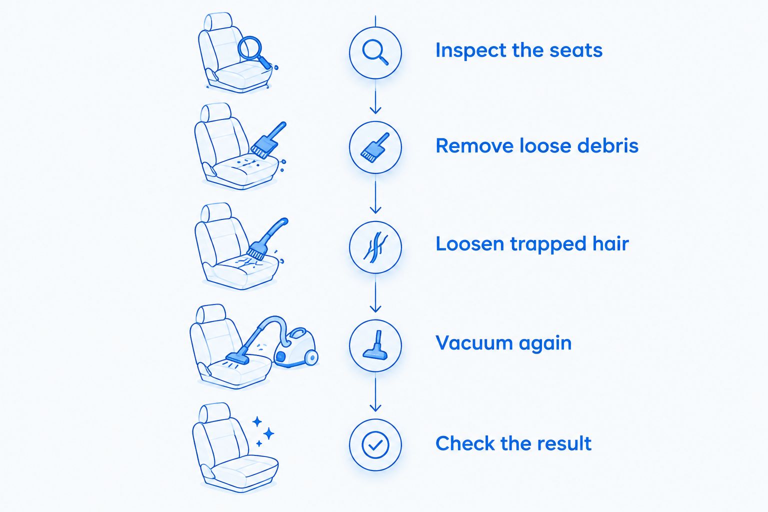 Pet-hair removal sequence from seat inspection through loosening, vacuuming, and checking the result.