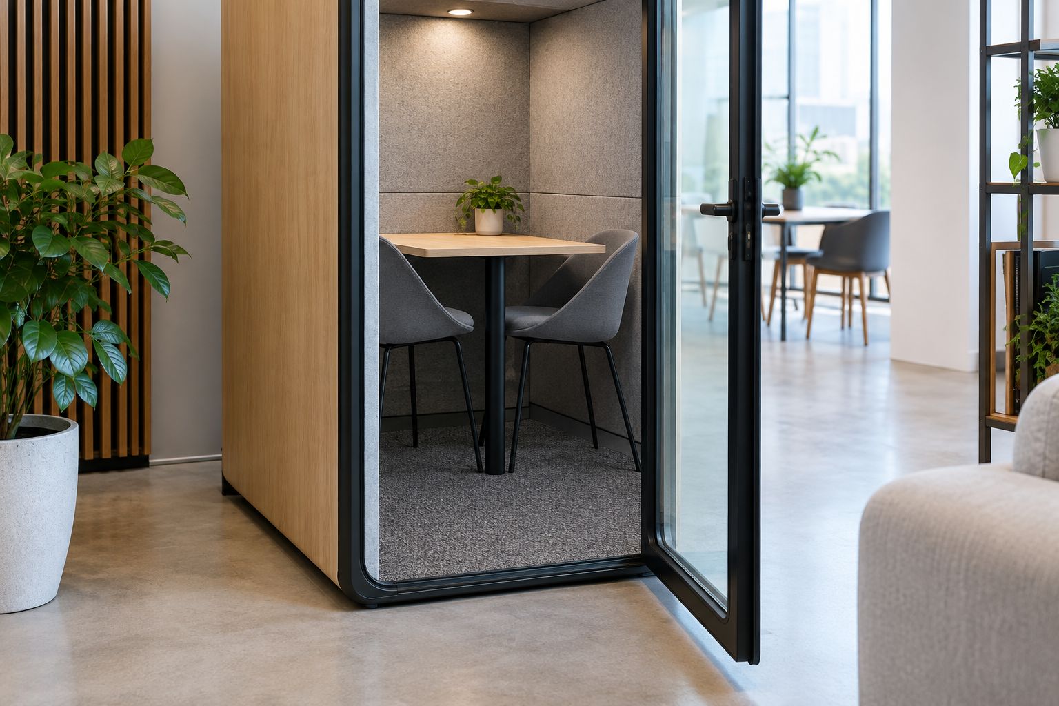 Interior floor visible inside an unbranded workplace meeting booth