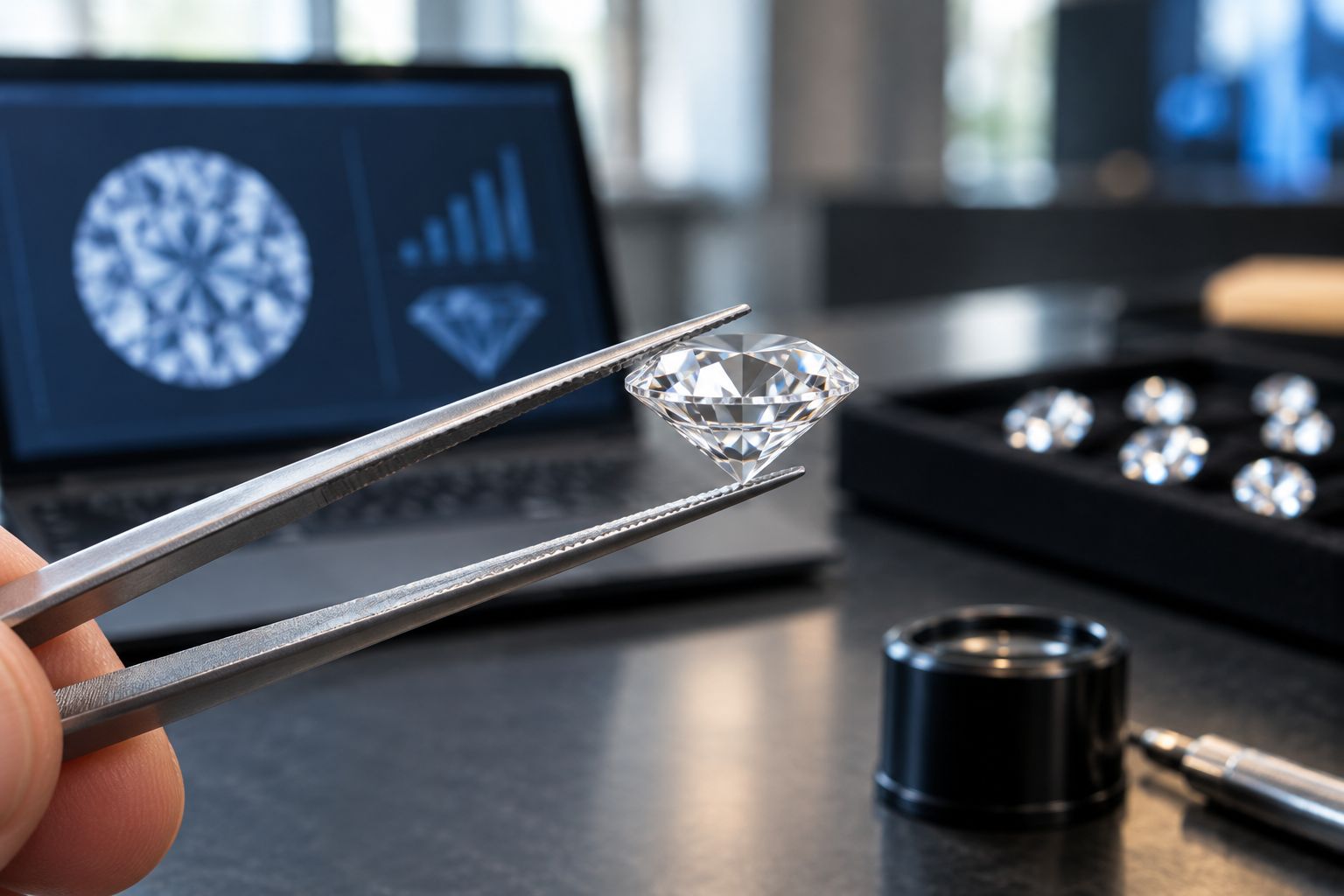 Loose diamond held in tweezers with its girdle and pavilion visible