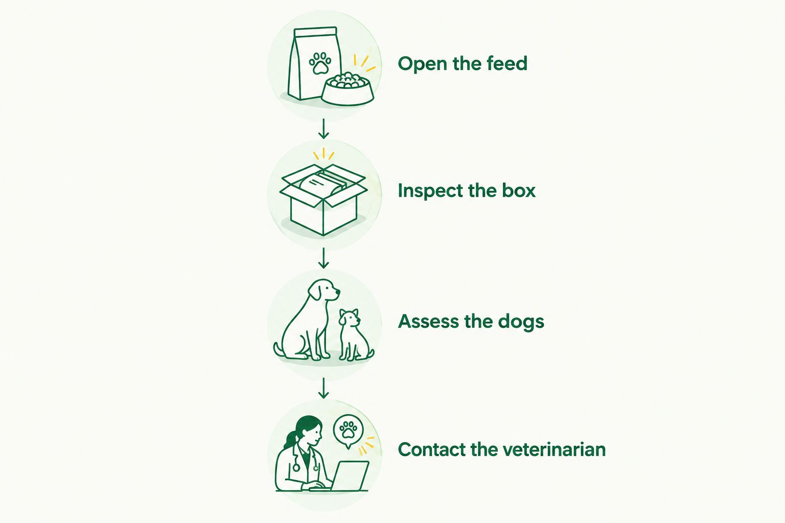 Caregiver response sequence from opening the feed to inspecting the dogs and contacting the veterinarian