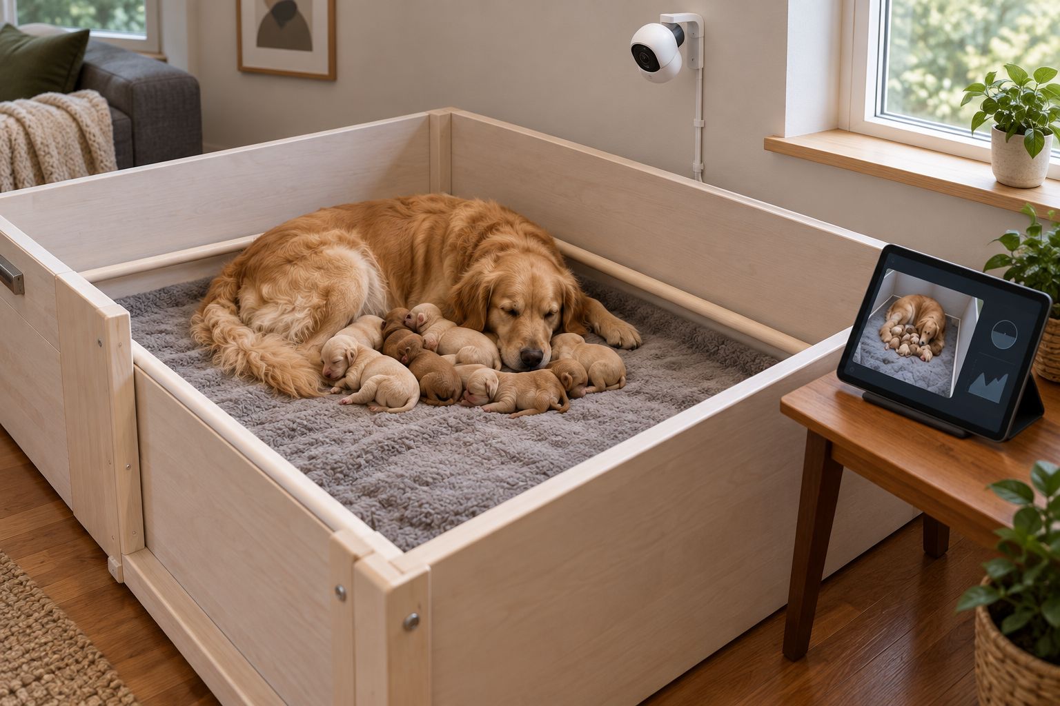 Whelping enclosure with an outside camera mount and cables secured away from the mother and puppies