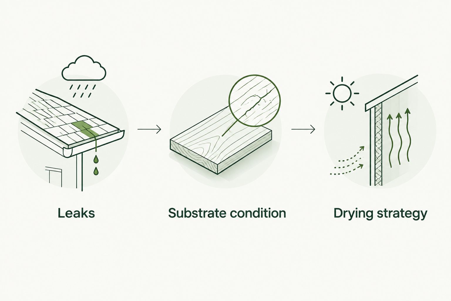Three moisture checkpoints: leaks, substrate condition, and drying strategy