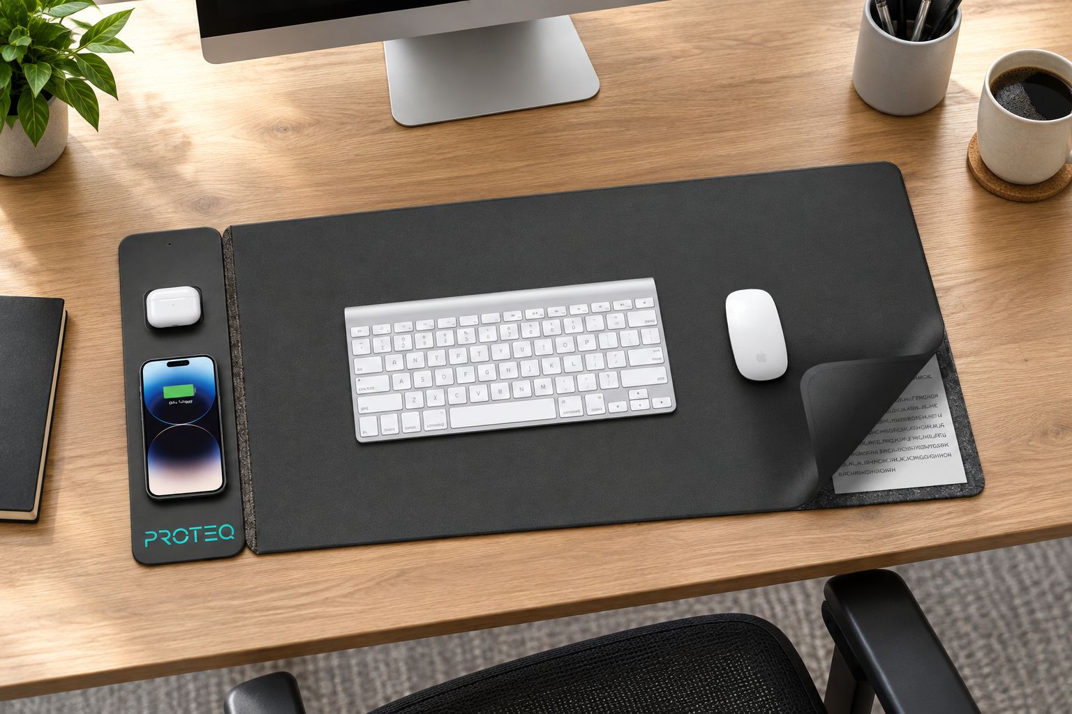 Wireless charging desk mat in use beside a keyboard and mouse