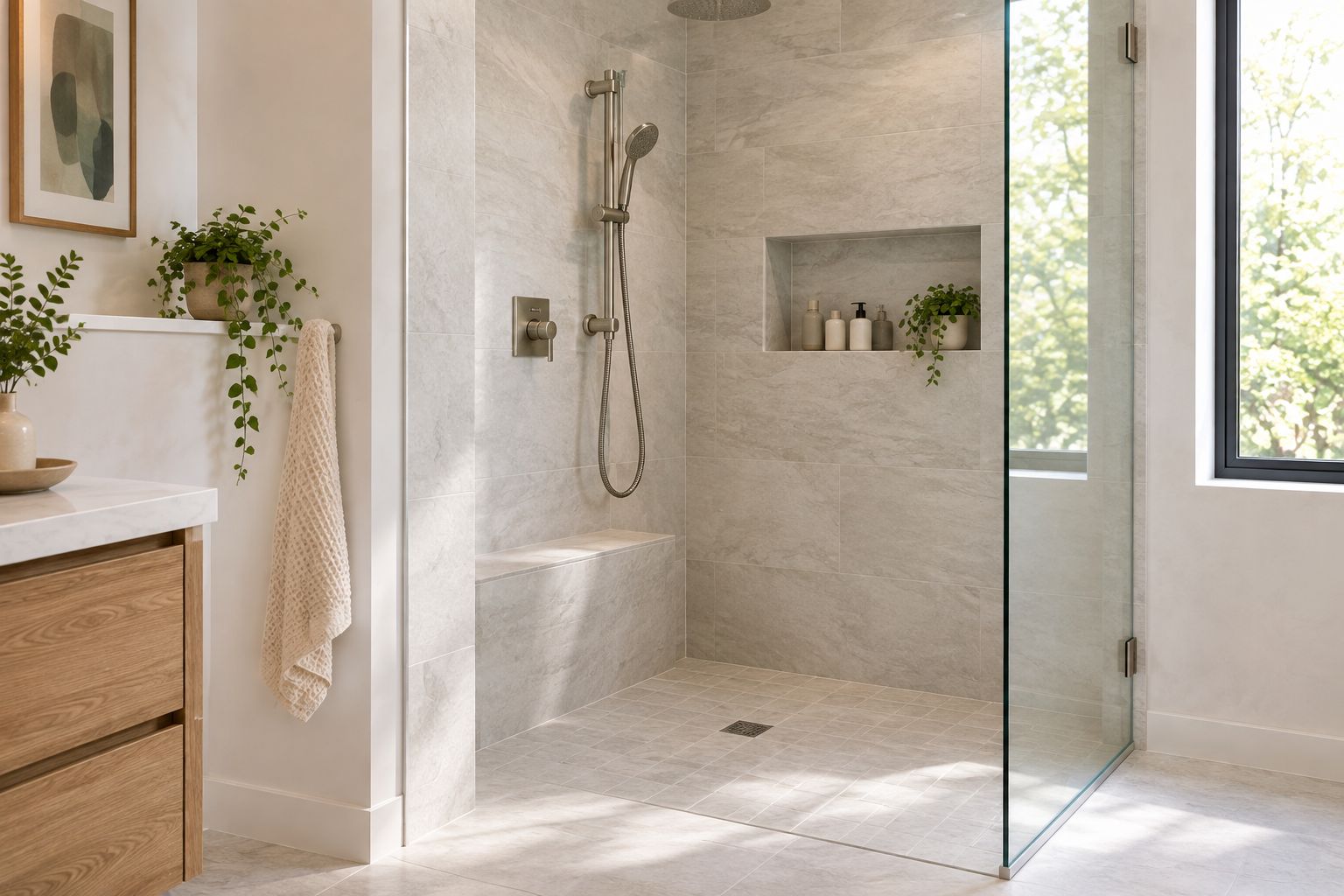 Handheld shower on an adjustable slide bar beside a shower seat