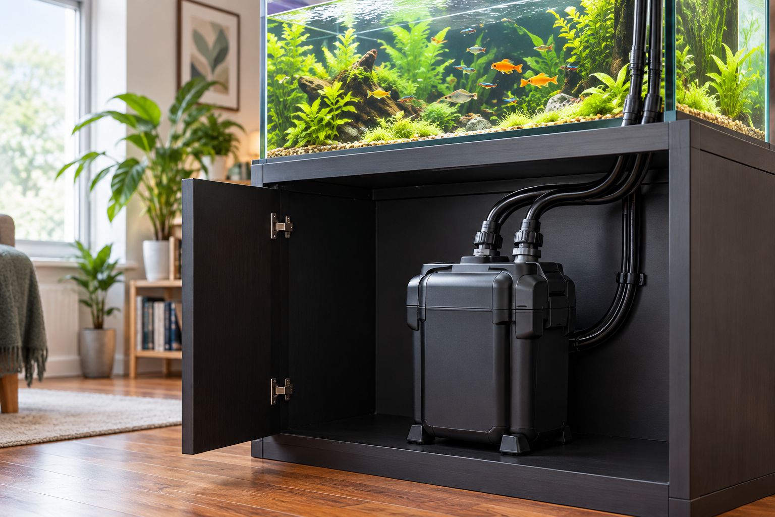 Canister filter plumbed in under an aquarium stand