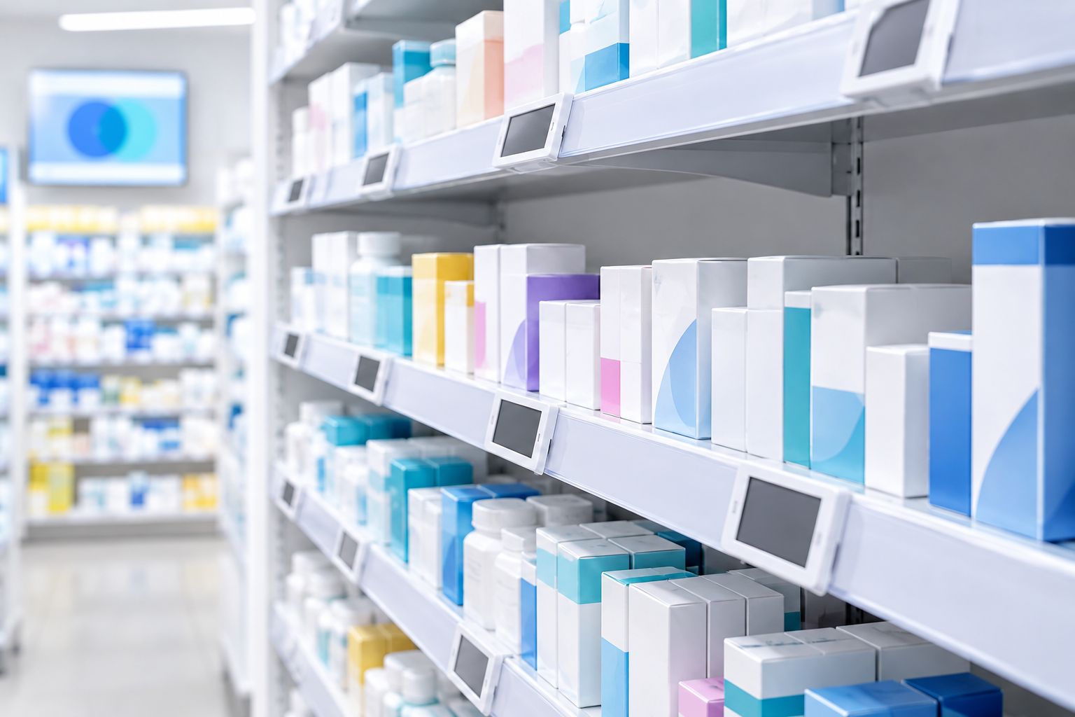Electronic shelf-edge displays mounted beneath small cartons with clearance for product removal