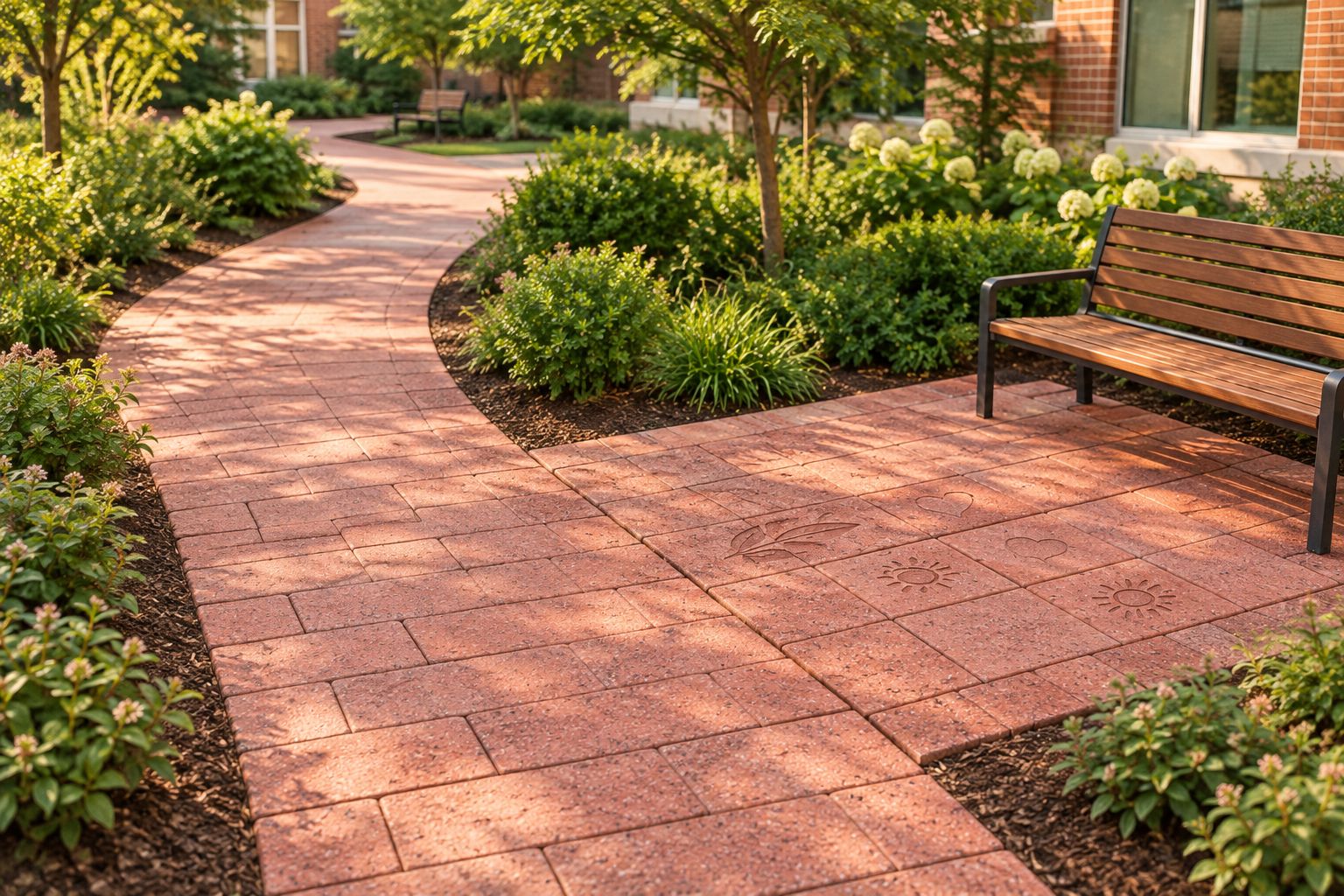 Courtyard layout with a clear walking route and a separate paver recognition area beside seating