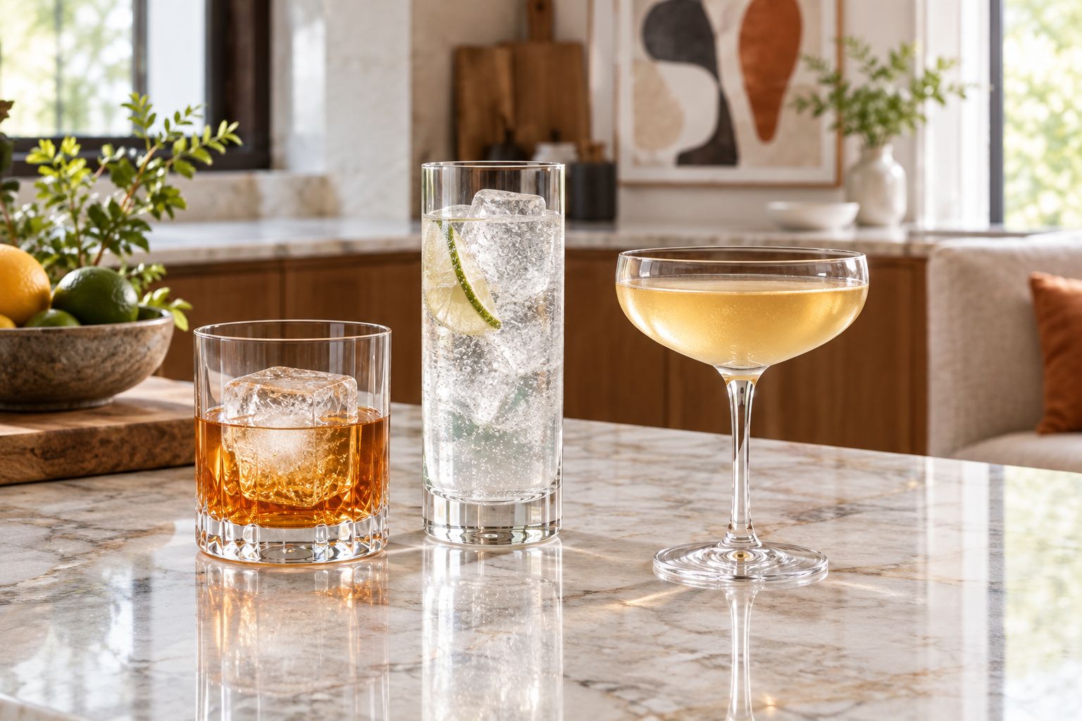 Rocks, highball, and coupe glasses showing different shapes and uses