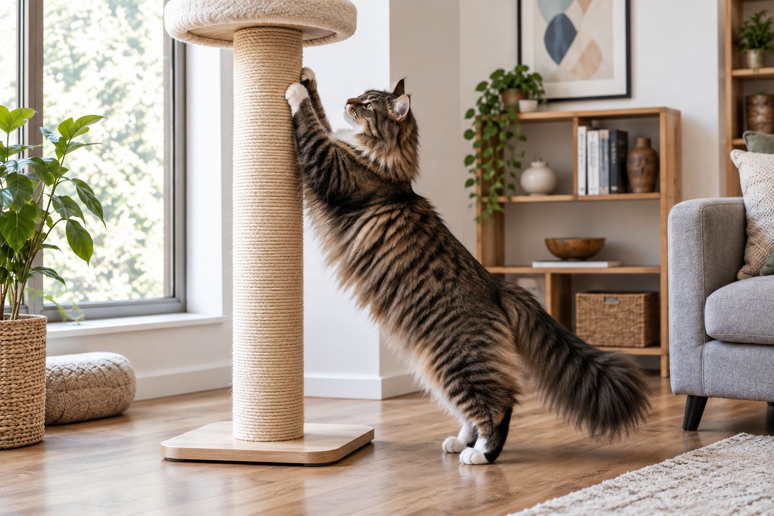 Large cat fully stretched while scratching a tall sisal rope post