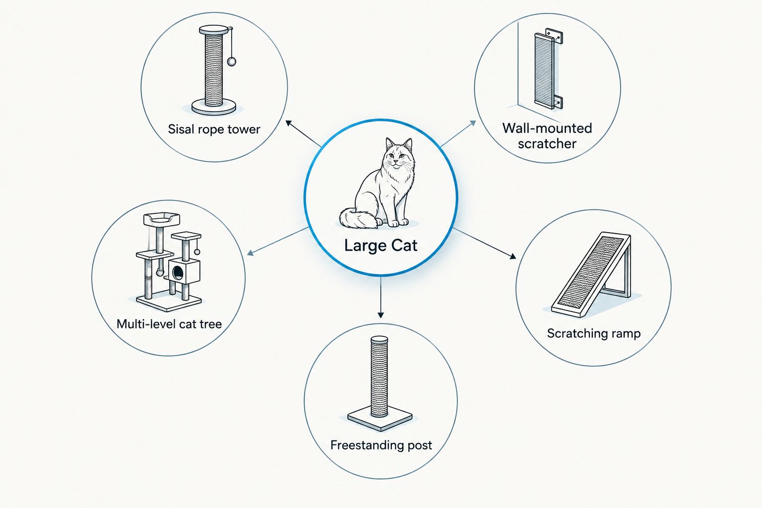 Diagram showing five scratching post types suited to large cats