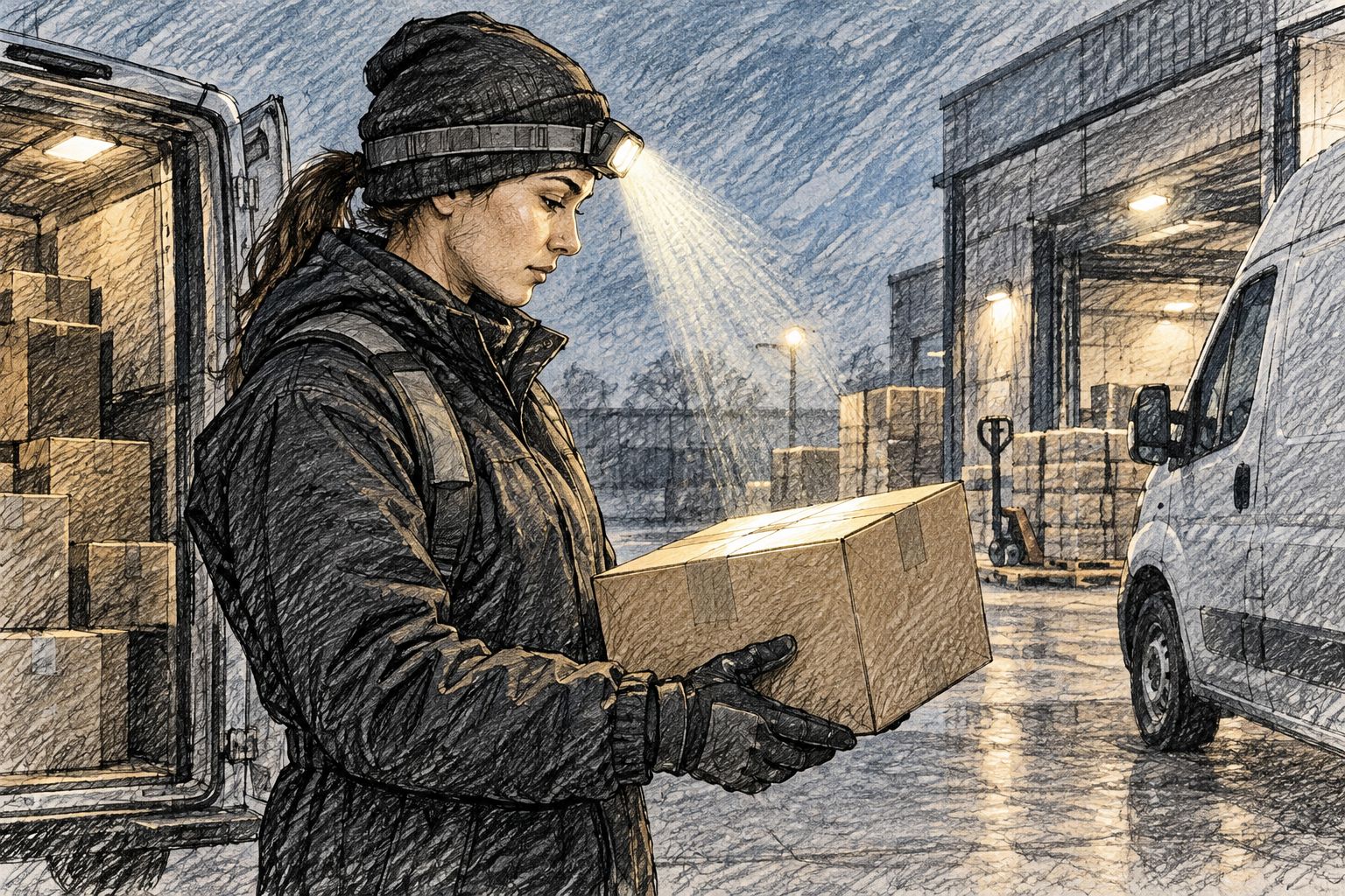 Delivery worker wearing a headlamp angled towards a parcel in a loading area