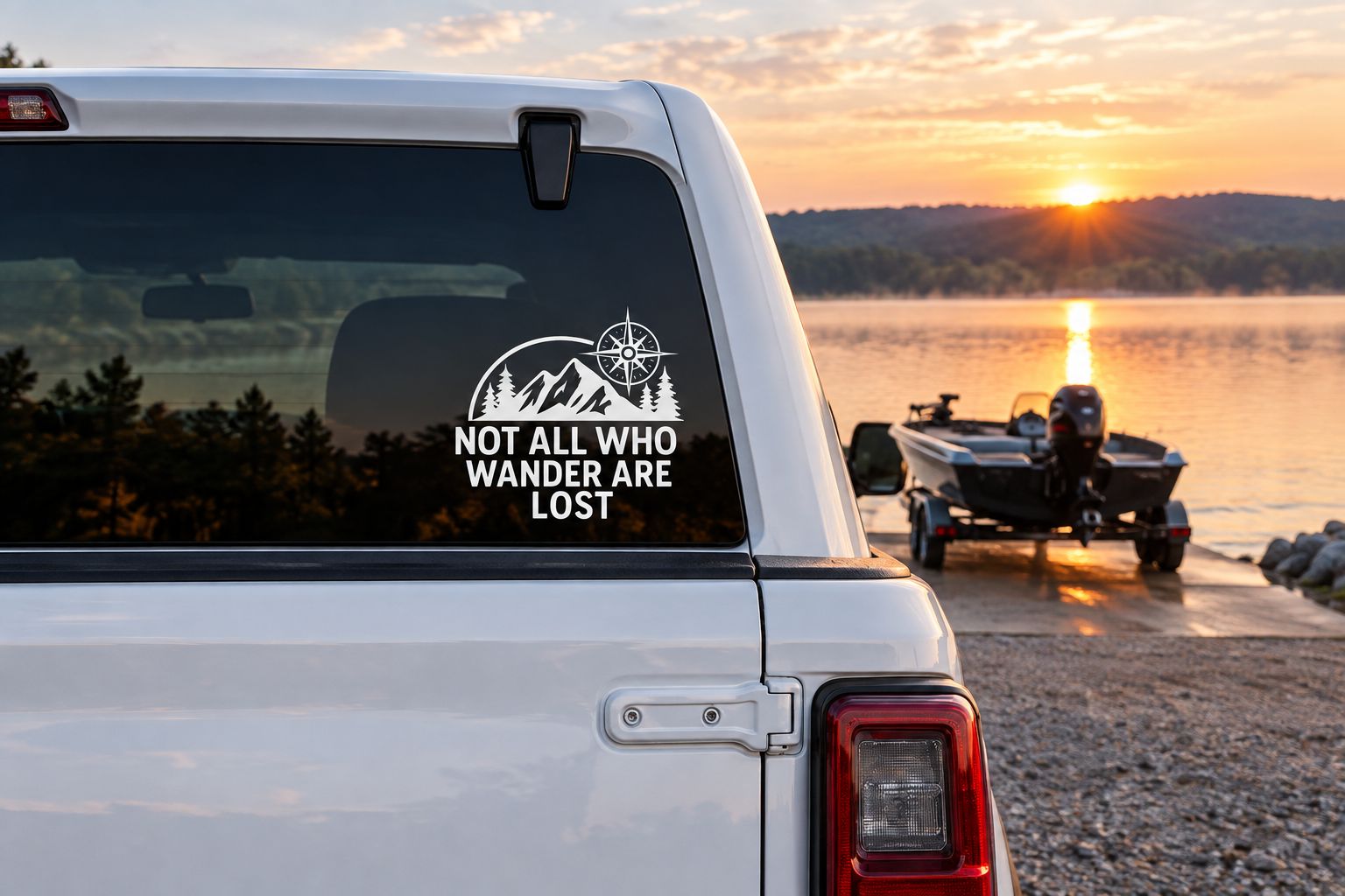 Travel decal on a truck rear window at a boat ramp