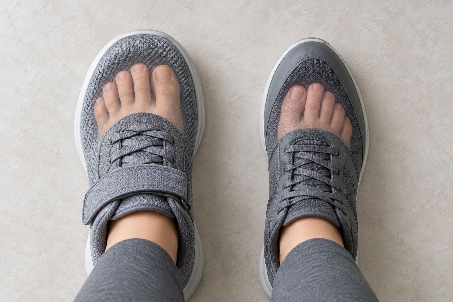 Roomy rounded footwear beside a narrow shoe, showing the difference in space around the toes.