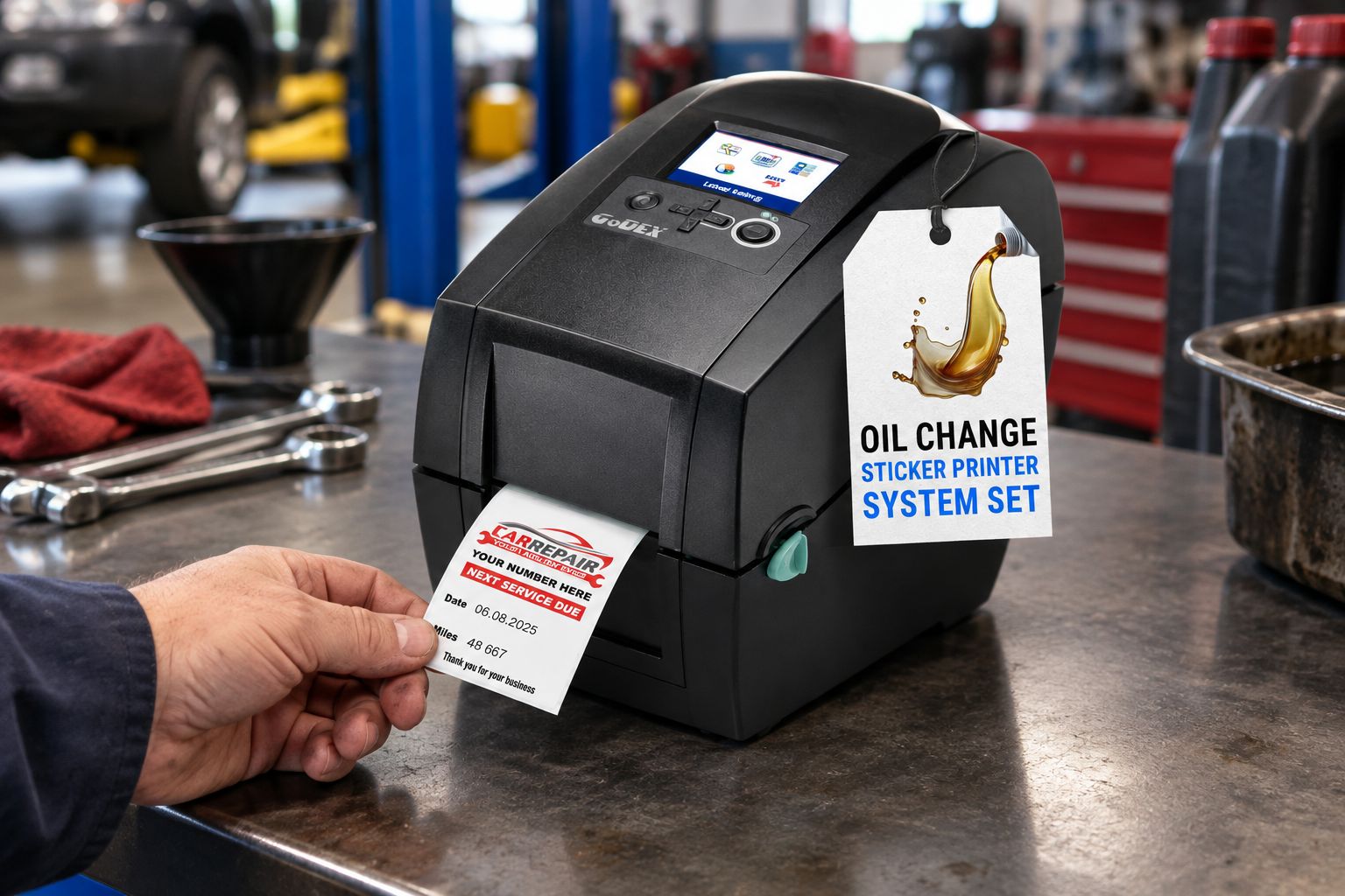 Oil change sticker printer system on a service counter in an auto shop