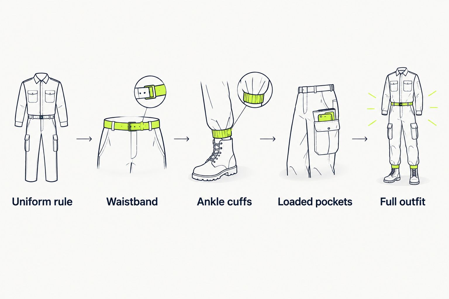 Steps for checking scrub joggers: uniform rule, waistband, cuffs, pockets and full outfit