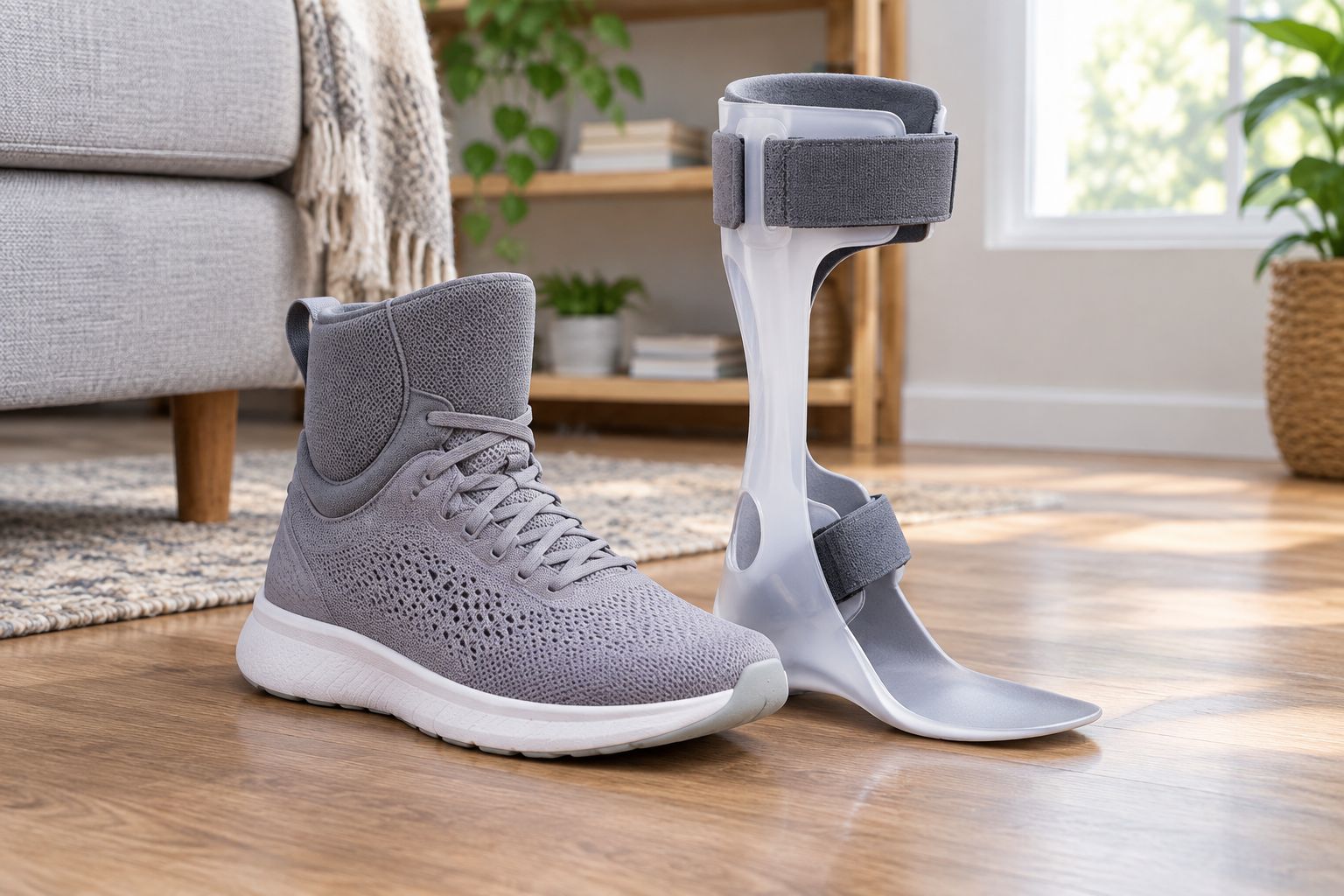 High-top athletic shoe next to an ankle-foot orthosis brace
