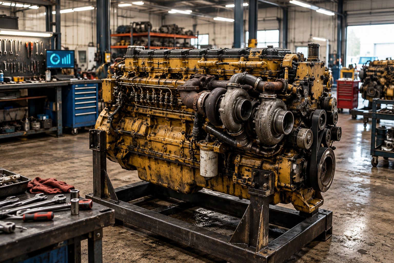 Heavy-duty diesel engine with twin turbo housing on a shop engine stand