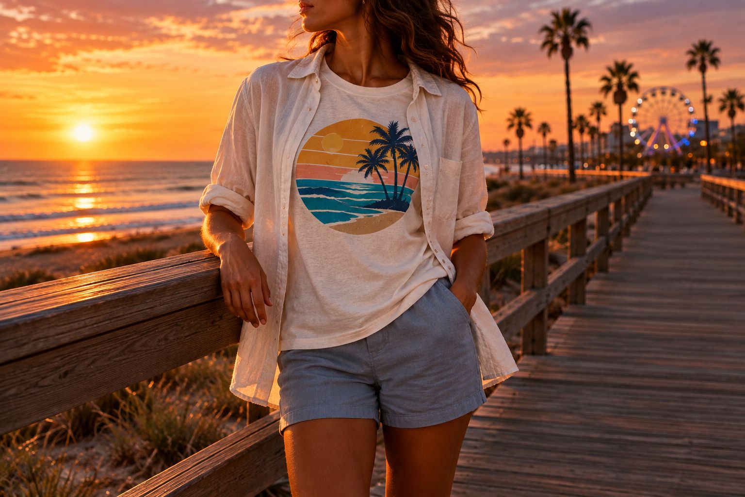 A plain tee with shorts and an open overshirt showing neckline, hem, and layering
