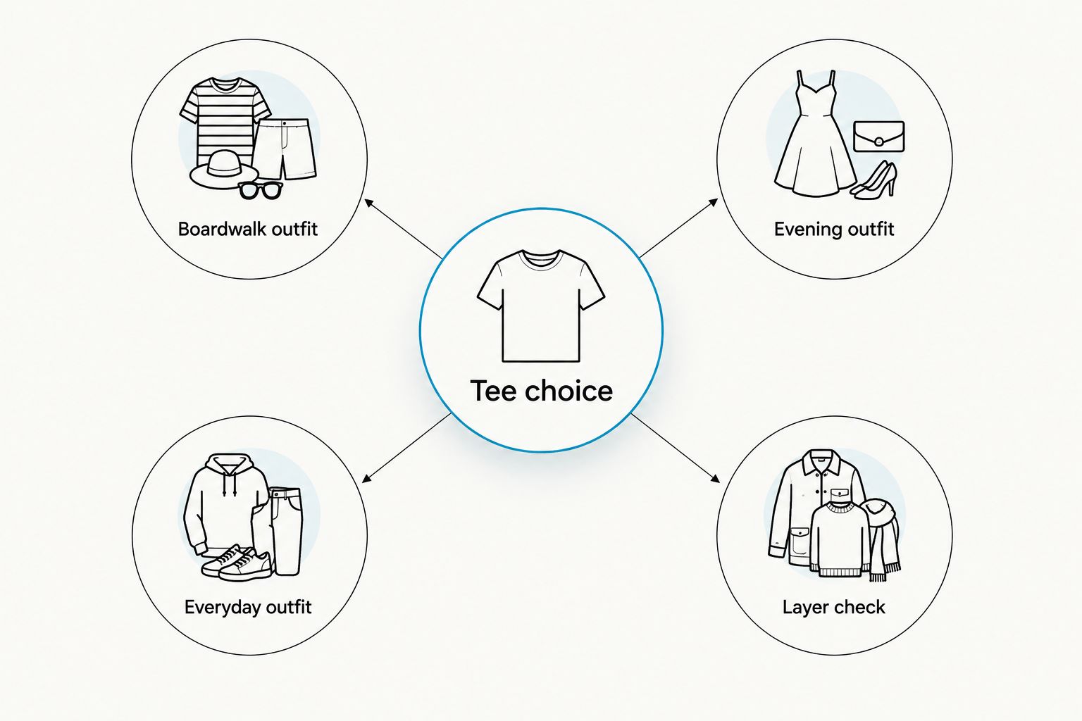 A tee choice connected to boardwalk, evening, everyday, and layering outfit checks