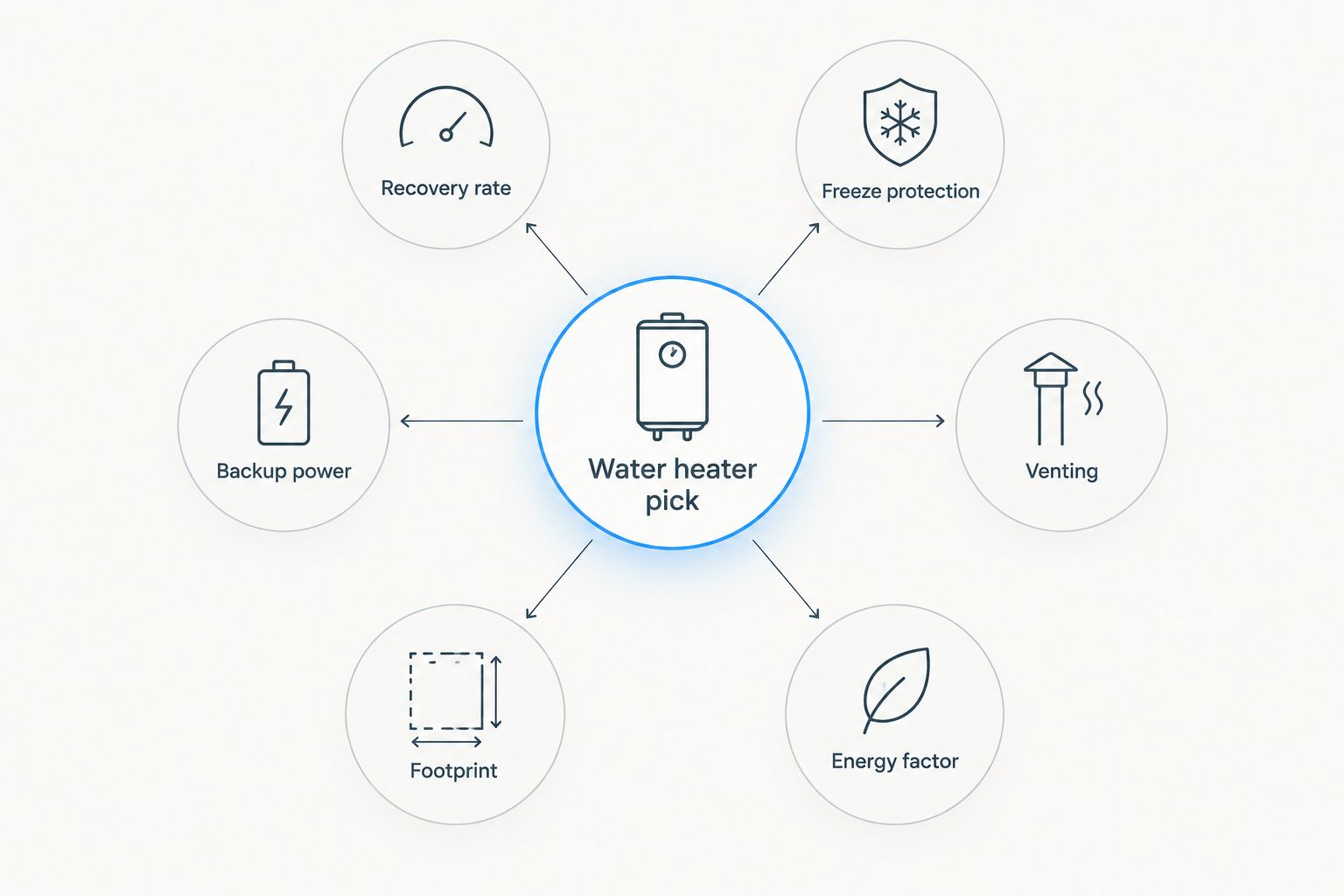 Six criteria orbiting a central water heater selection hub