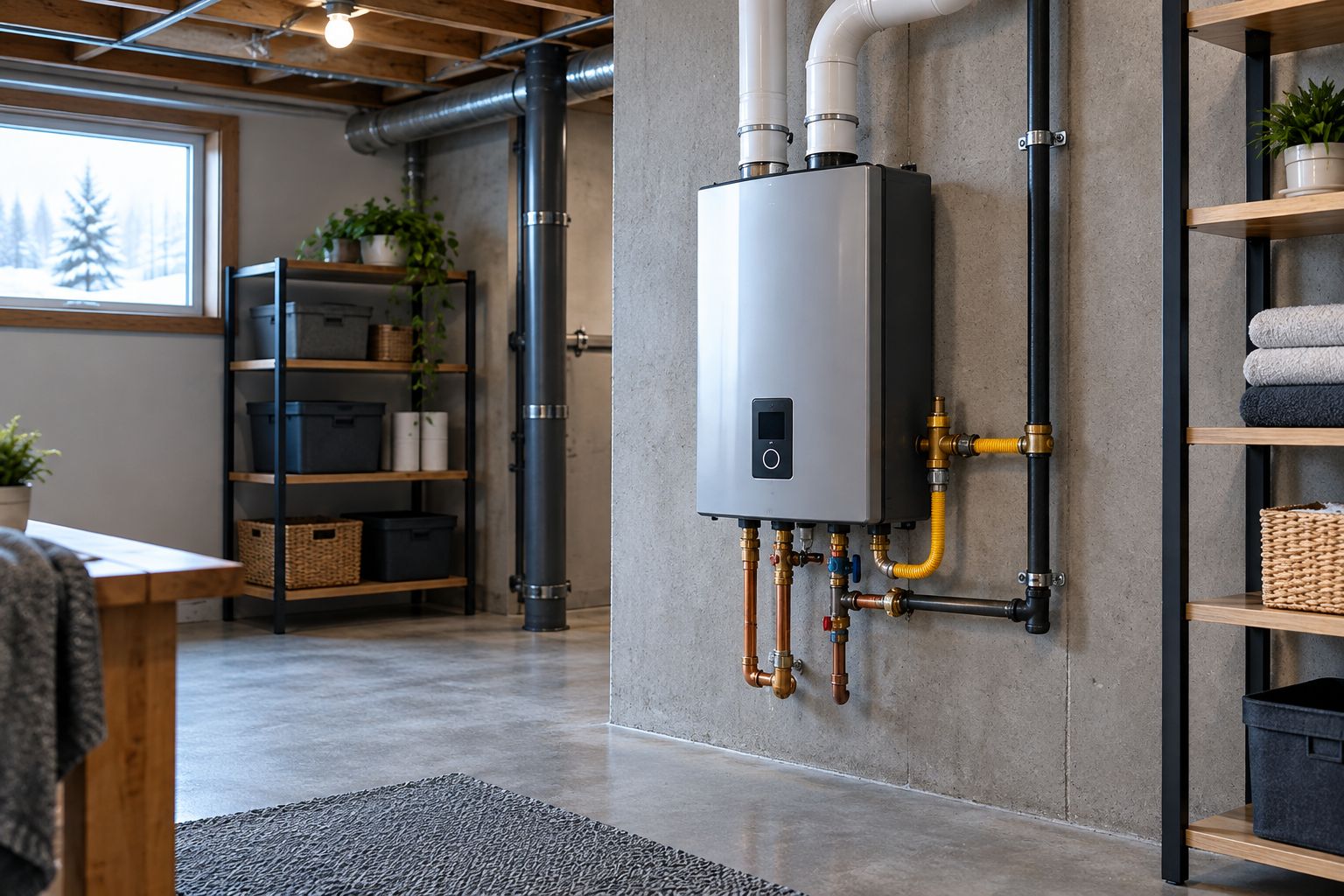 Tankless water heater mounted on a basement mechanical room wall
