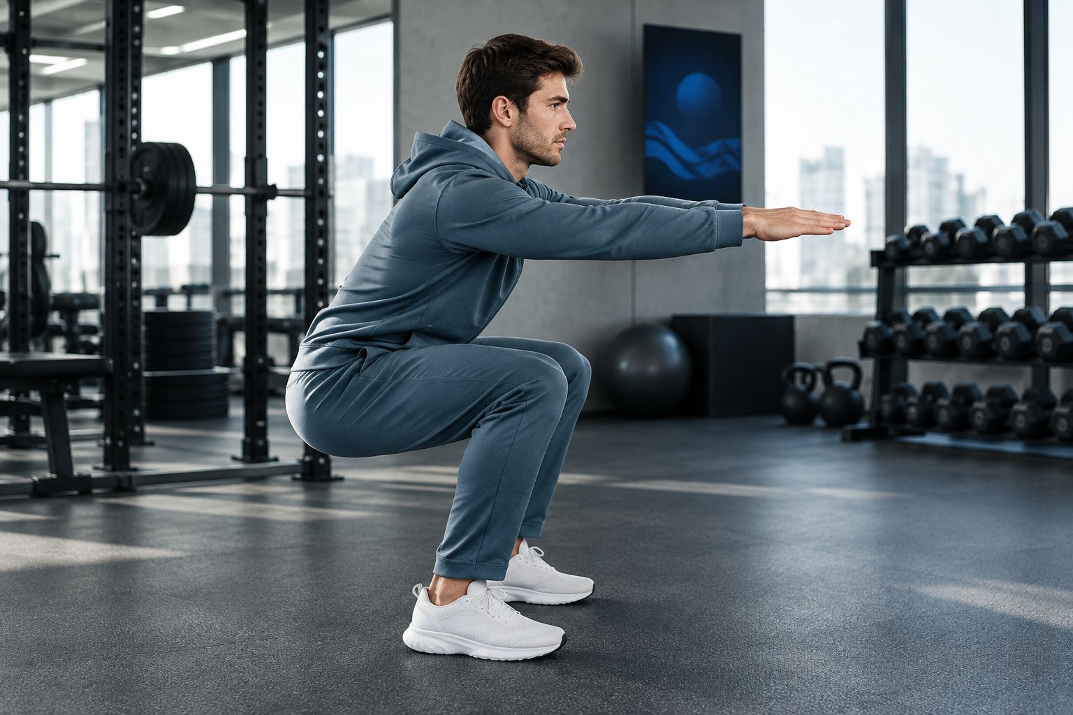 Side view of a person checking tracksuit fit during a bodyweight squat