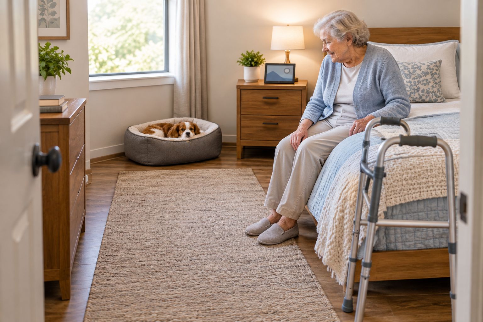 A dog rests beside the wall while the resident's route from bed to doorway remains clear.