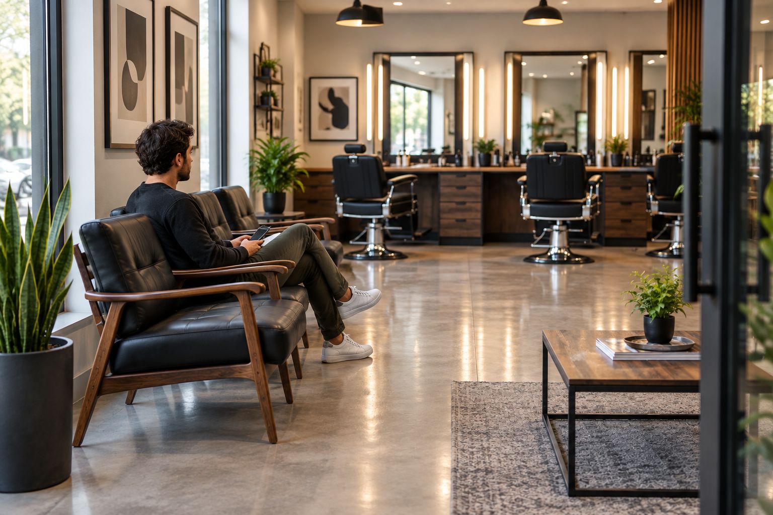 Barbershop waiting chairs placed beside a clear route from the entrance to the cutting stations
