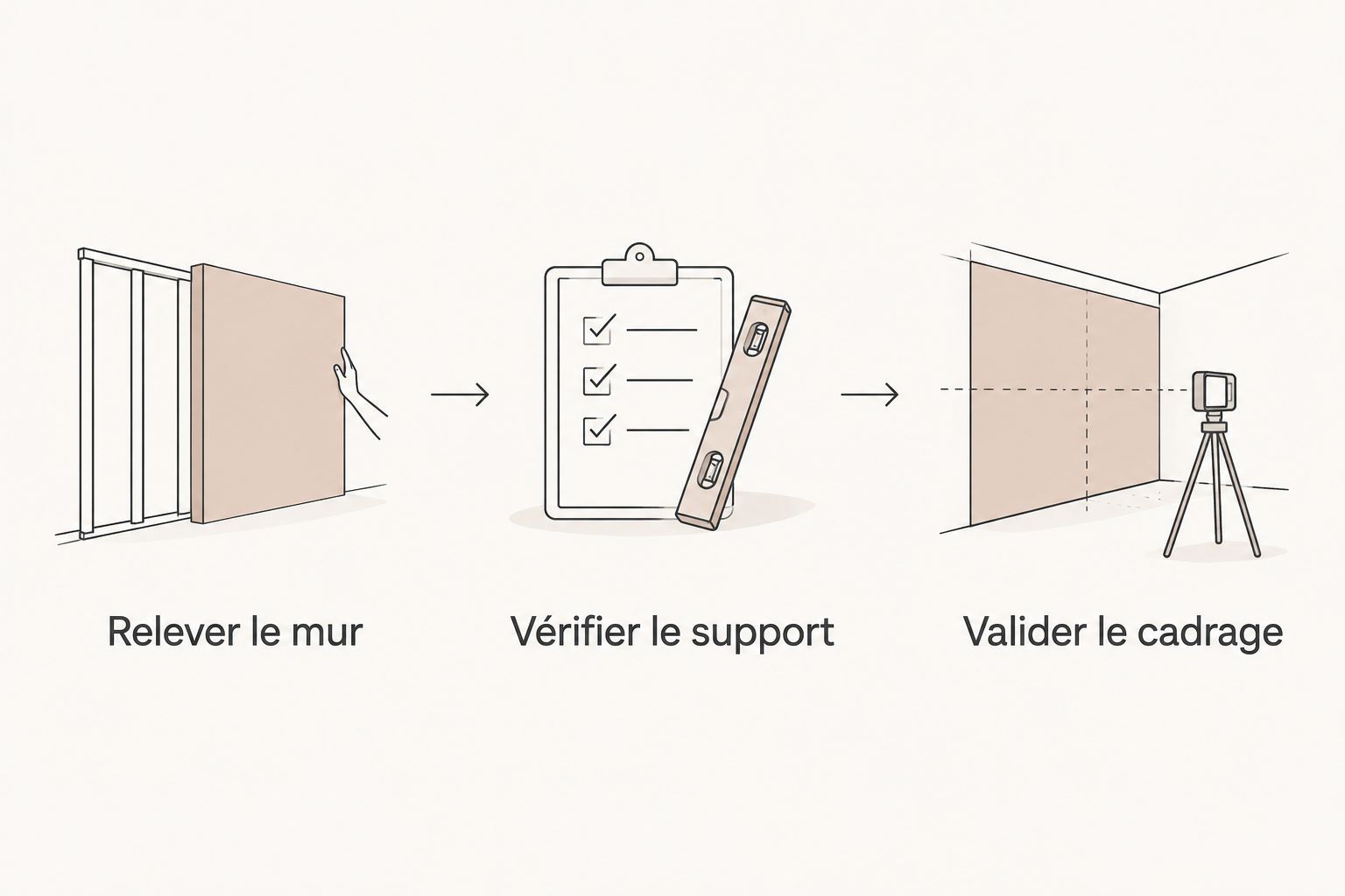 Trois étapes pour préparer un projet : relever le mur, vérifier le support et valider le cadrage.