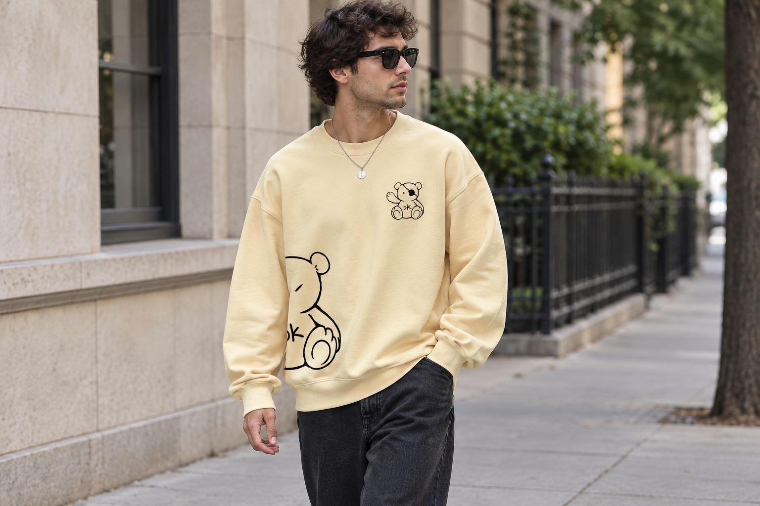 Oversized graphic hoodie worn on a city sidewalk, showing its shoulder line and silhouette