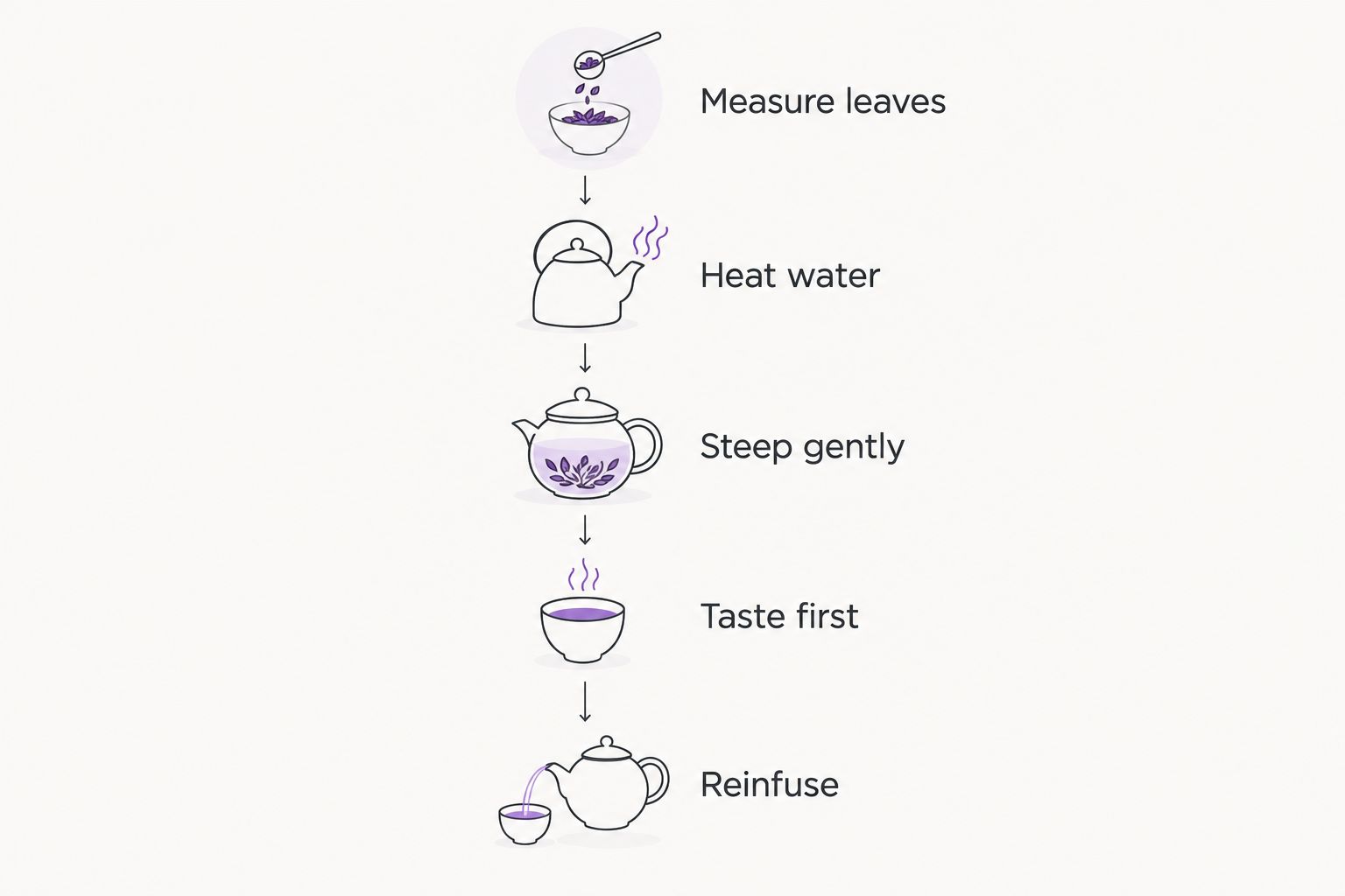 Five brewing steps from measuring loose tea leaves to tasting and reinfusing
