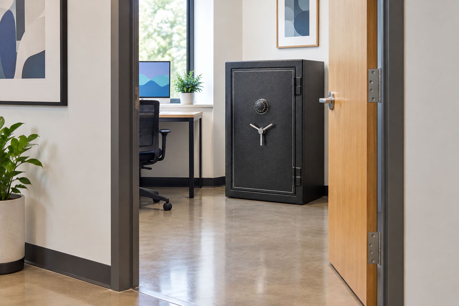 Safe in an office with its position and clear doorway access visible