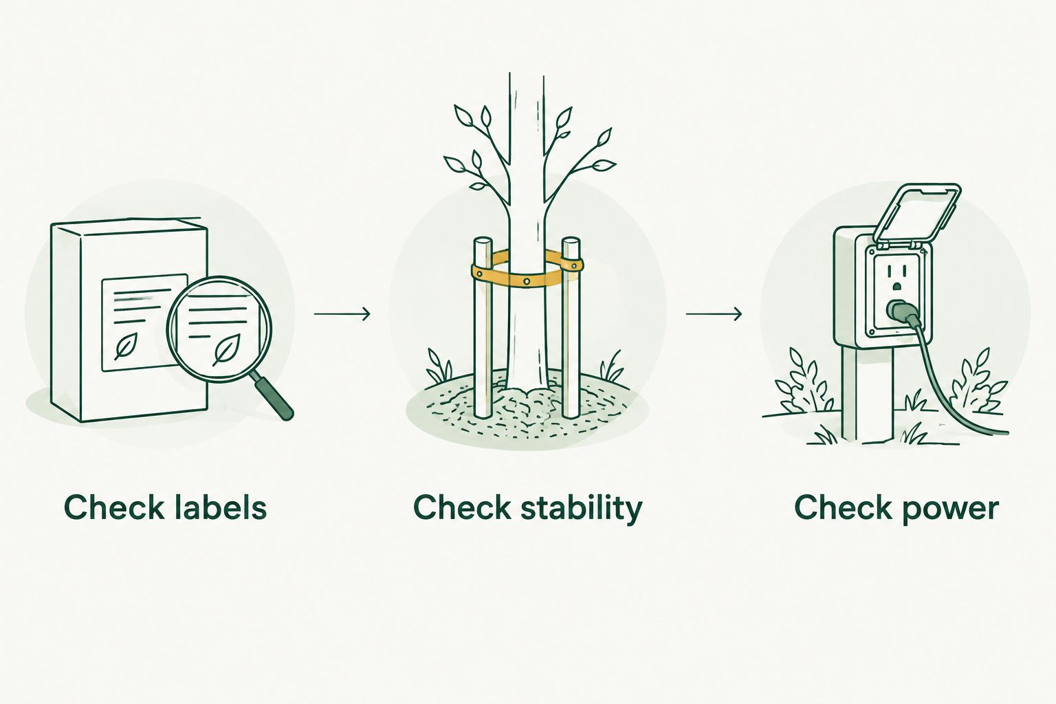 Three checks before lighting an artificial outdoor tree: labels, stability, and power
