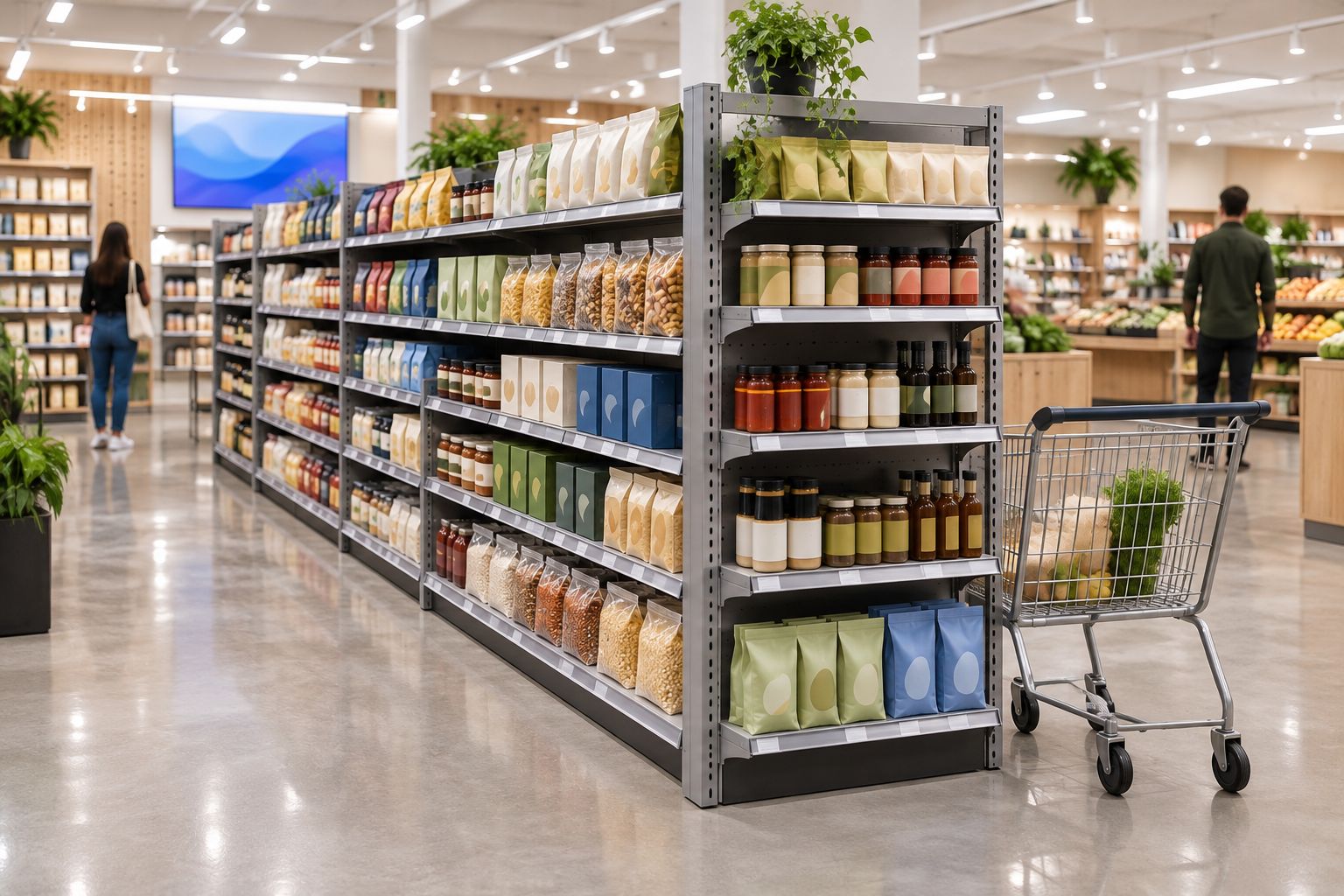 Stocked gondola shelving and a shopping trolley inside a retail store