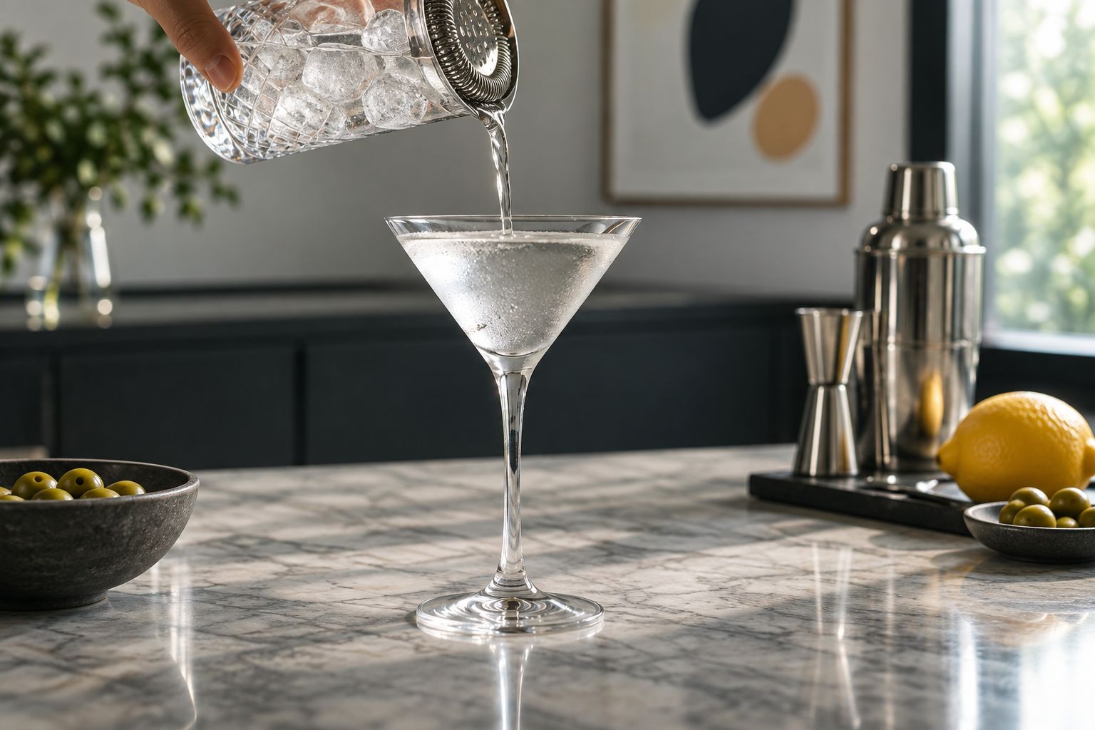 A gin martini being strained into a chilled glass beside lemon and olives