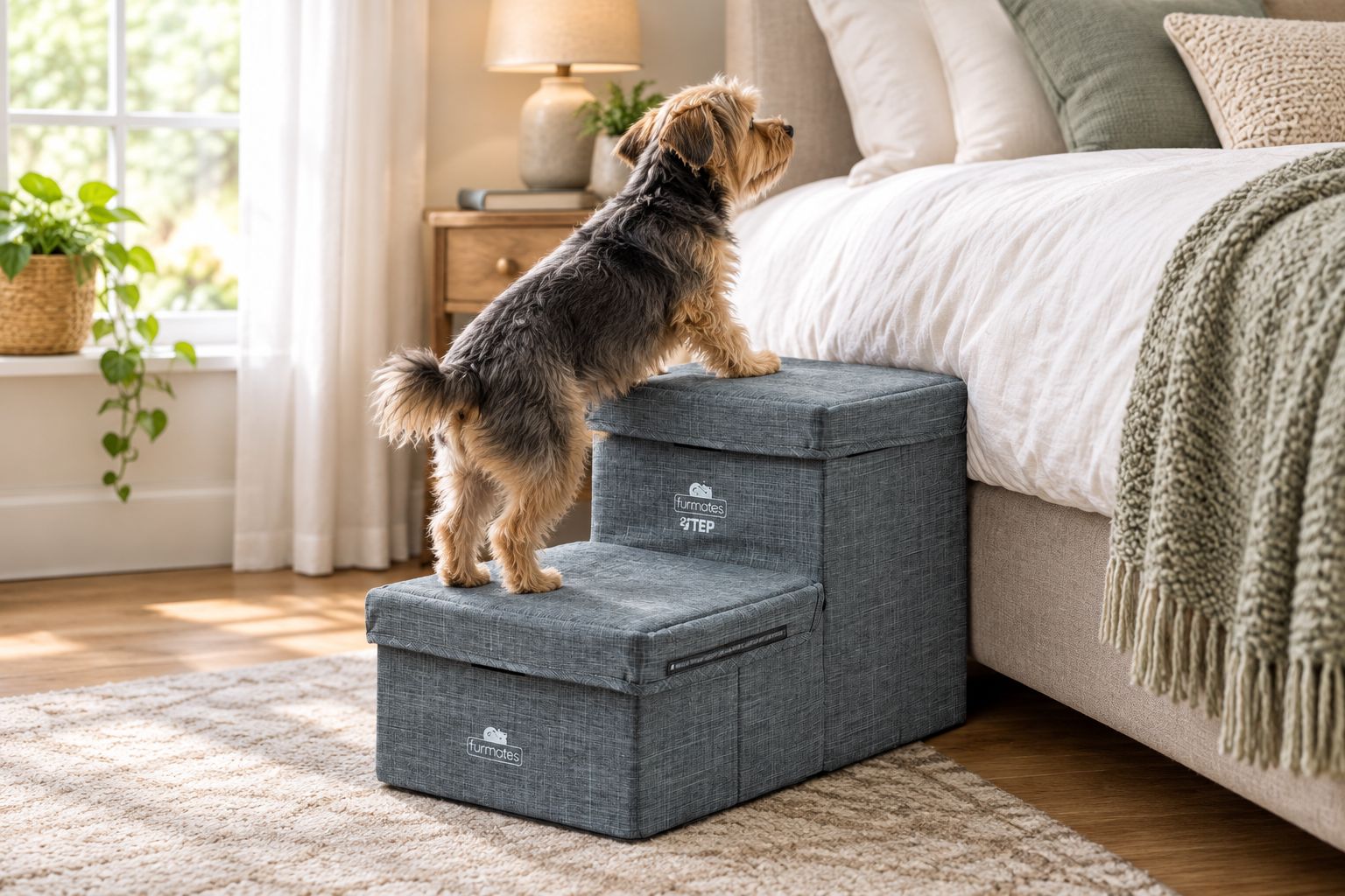 Small dog climbing two-step pet stairs beside a bed