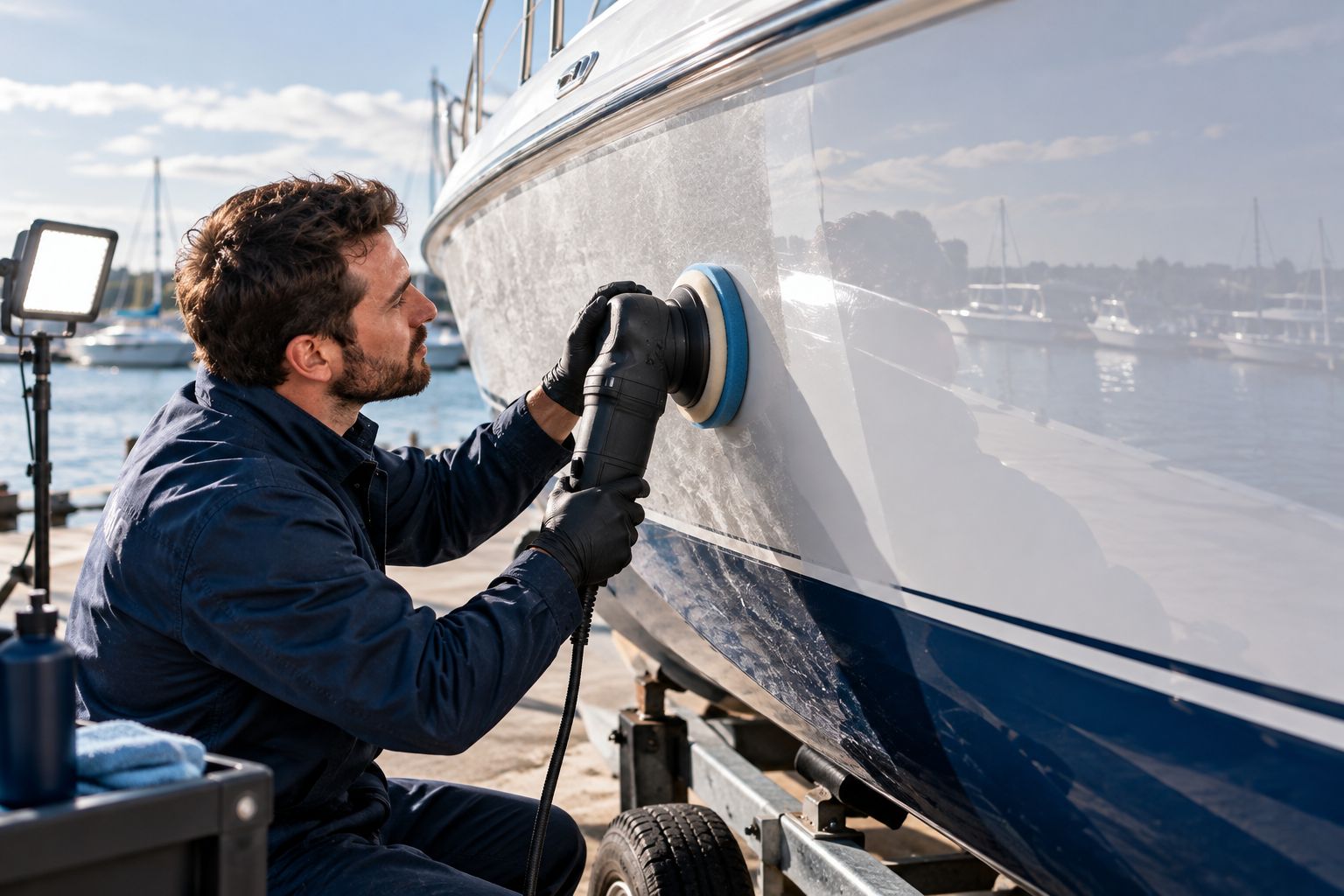 Marine detailer polishing oxidized boat gelcoat beside a corrected glossy section