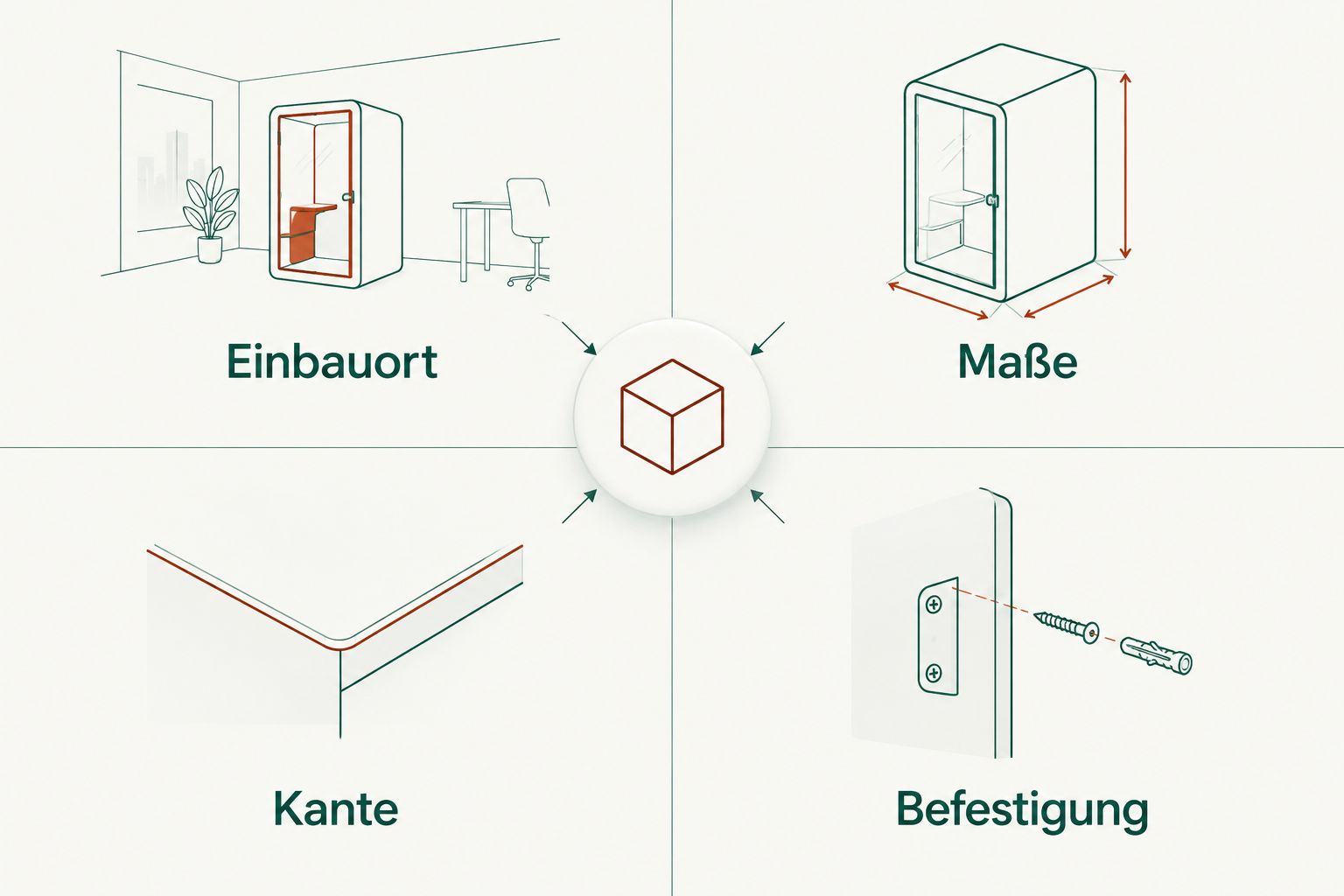 Vier Prüfpunkte für die Spiegelanfrage: Einbauort, Maße, Kante und Befestigung.