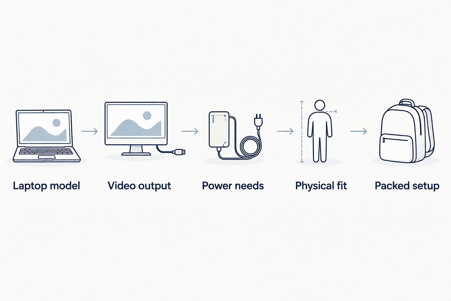 Five checks covering laptop model, video output, power needs, physical fit, and packed setup.