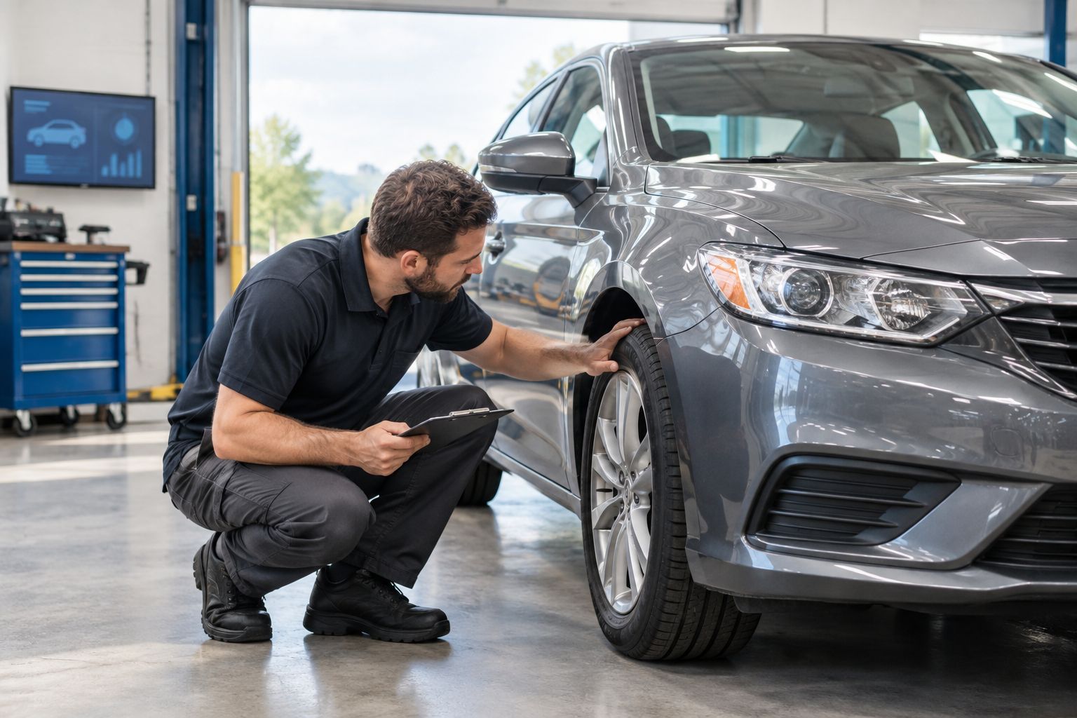 Used car in an inspection bay while a mechanic checks its visible condition