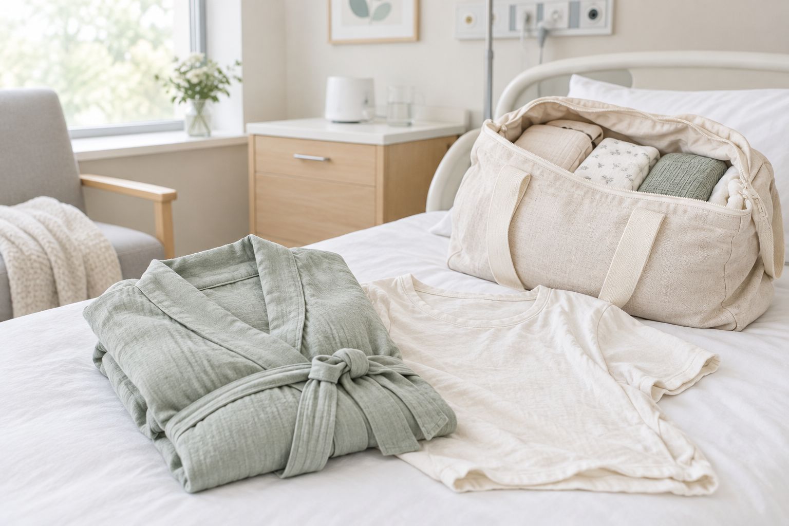 A robe and loose top beside a hospital bag
