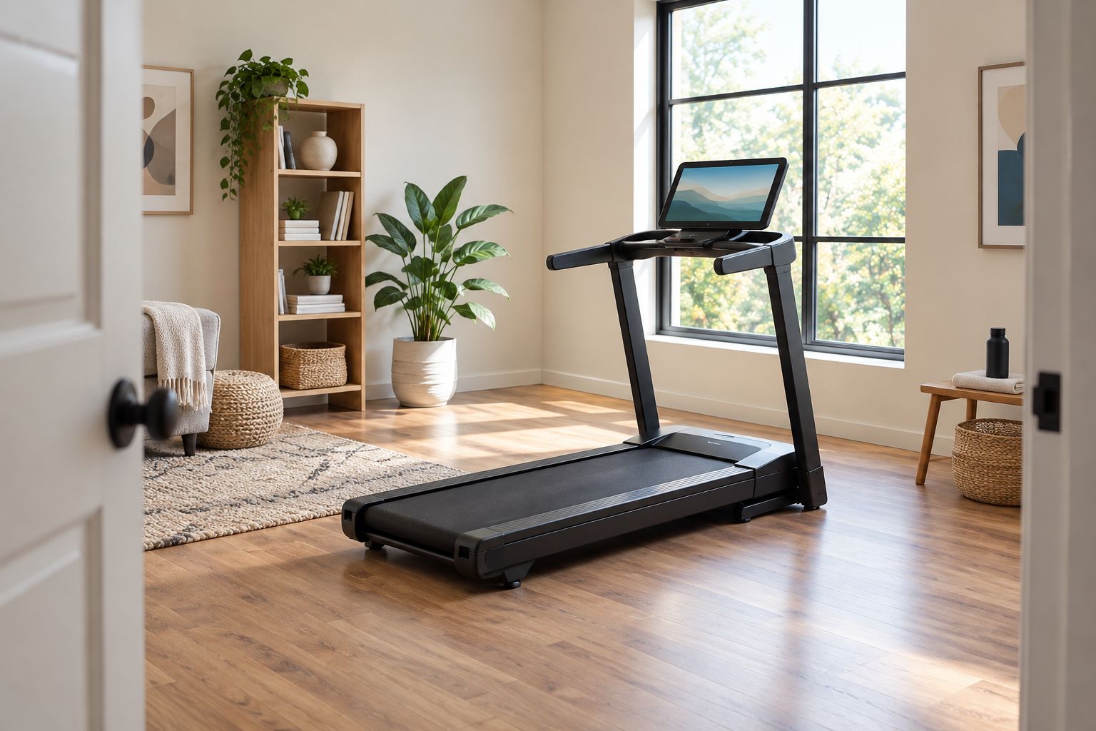 Folding treadmill open in a spare room with floor space visible around it