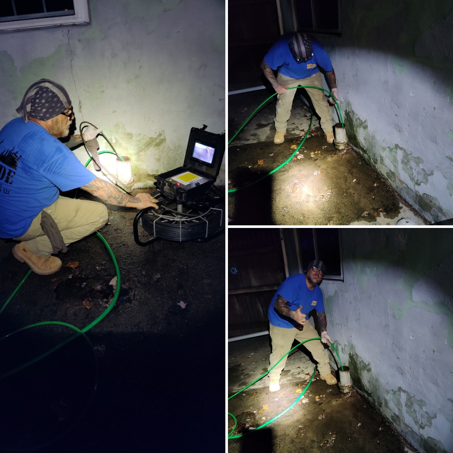 Sewer camera inspection and main drain cleaning in progress