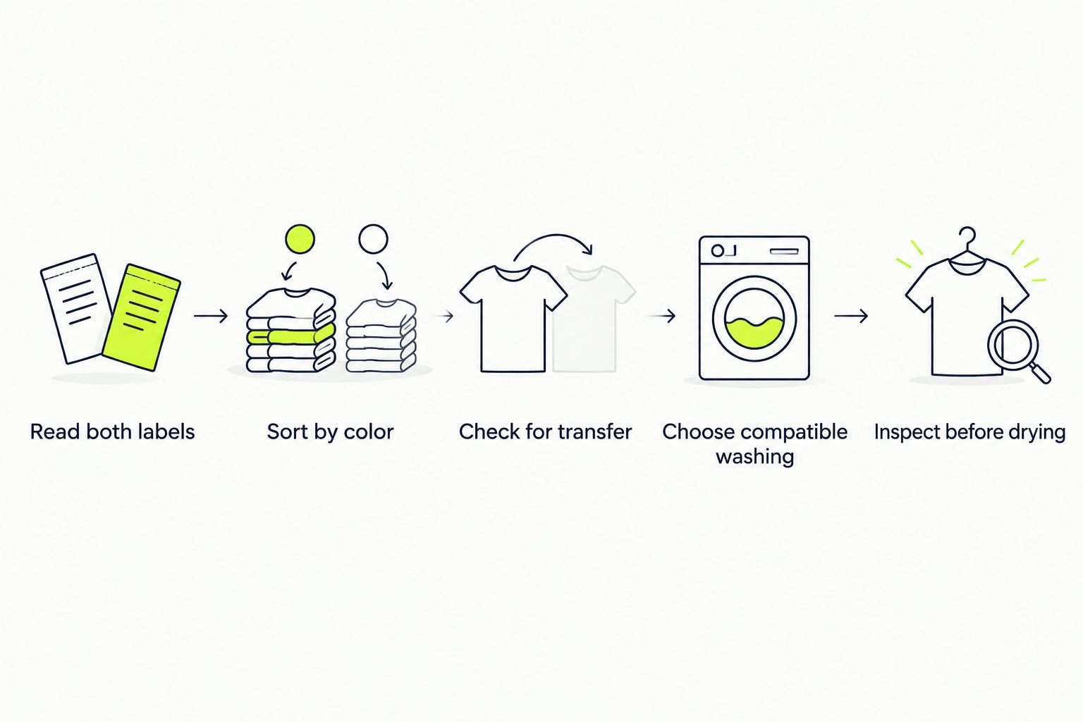 Laundry sequence covering care labels, color sorting, transfer checks, washing, and inspection before drying