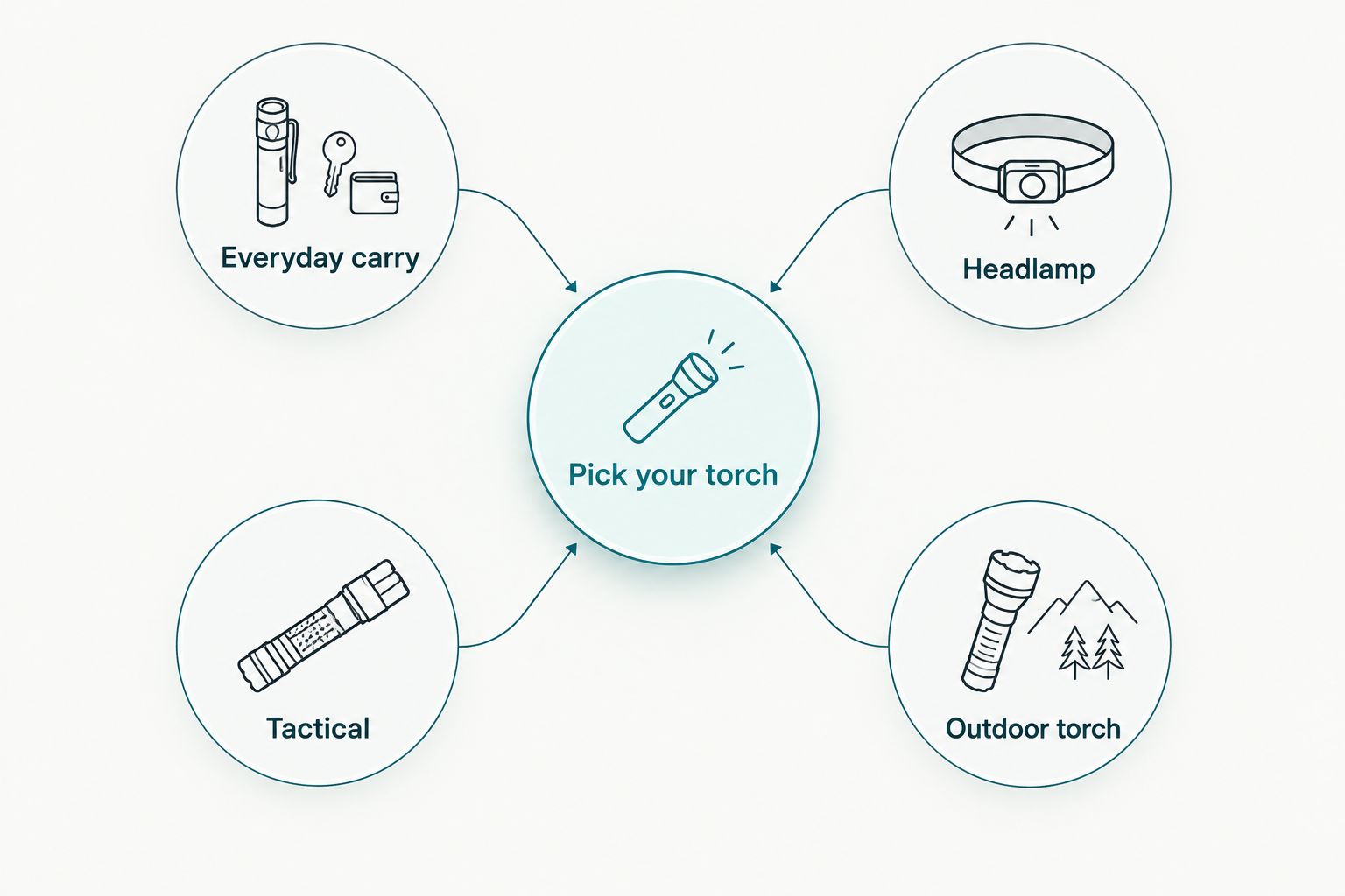 Decision map linking four torch types to the use case that fits